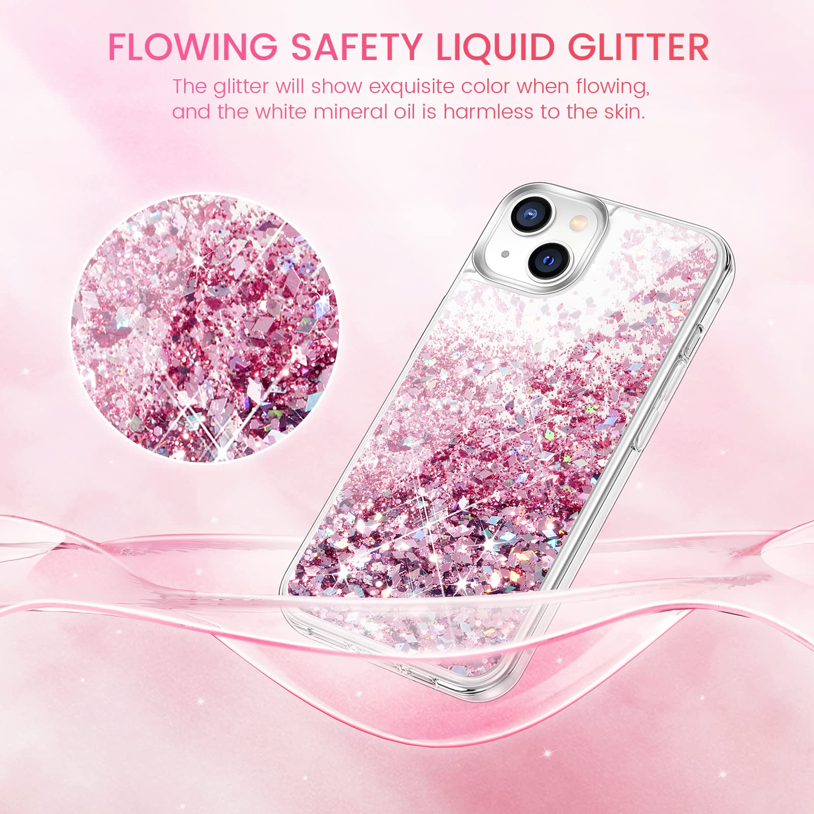 Caka Compatible For Iphone 13 Case, Iphone 14 Case With Screen Protector For Women Bling Sparkle Luxury Flowing Floating Clear C