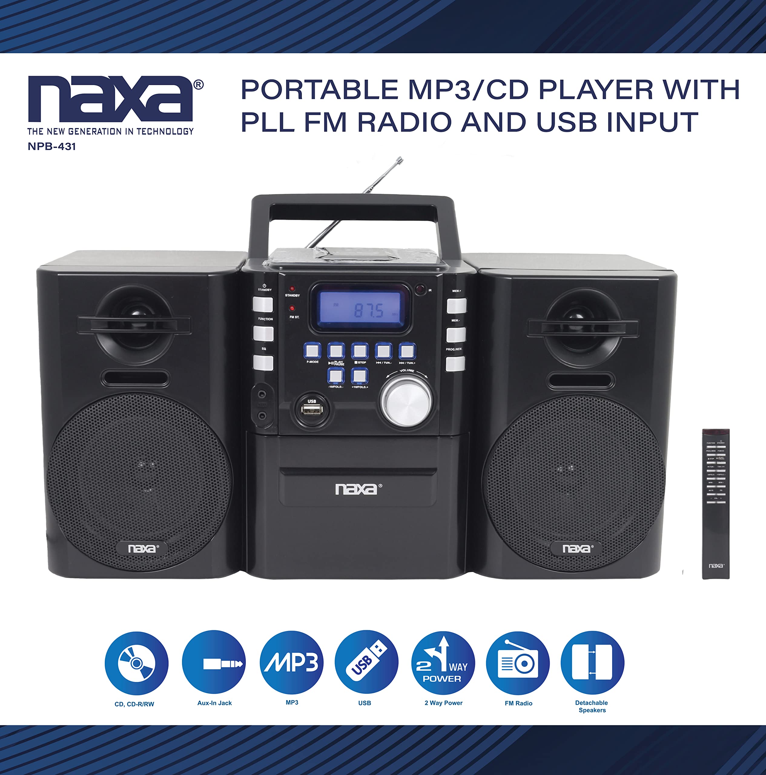 Naxa Electronics Naxa Npb 431 Portable Mp3/Cd Player With Pll Fm Radio, Usb Input, Remote Control, And Detachable Speakers, Blac