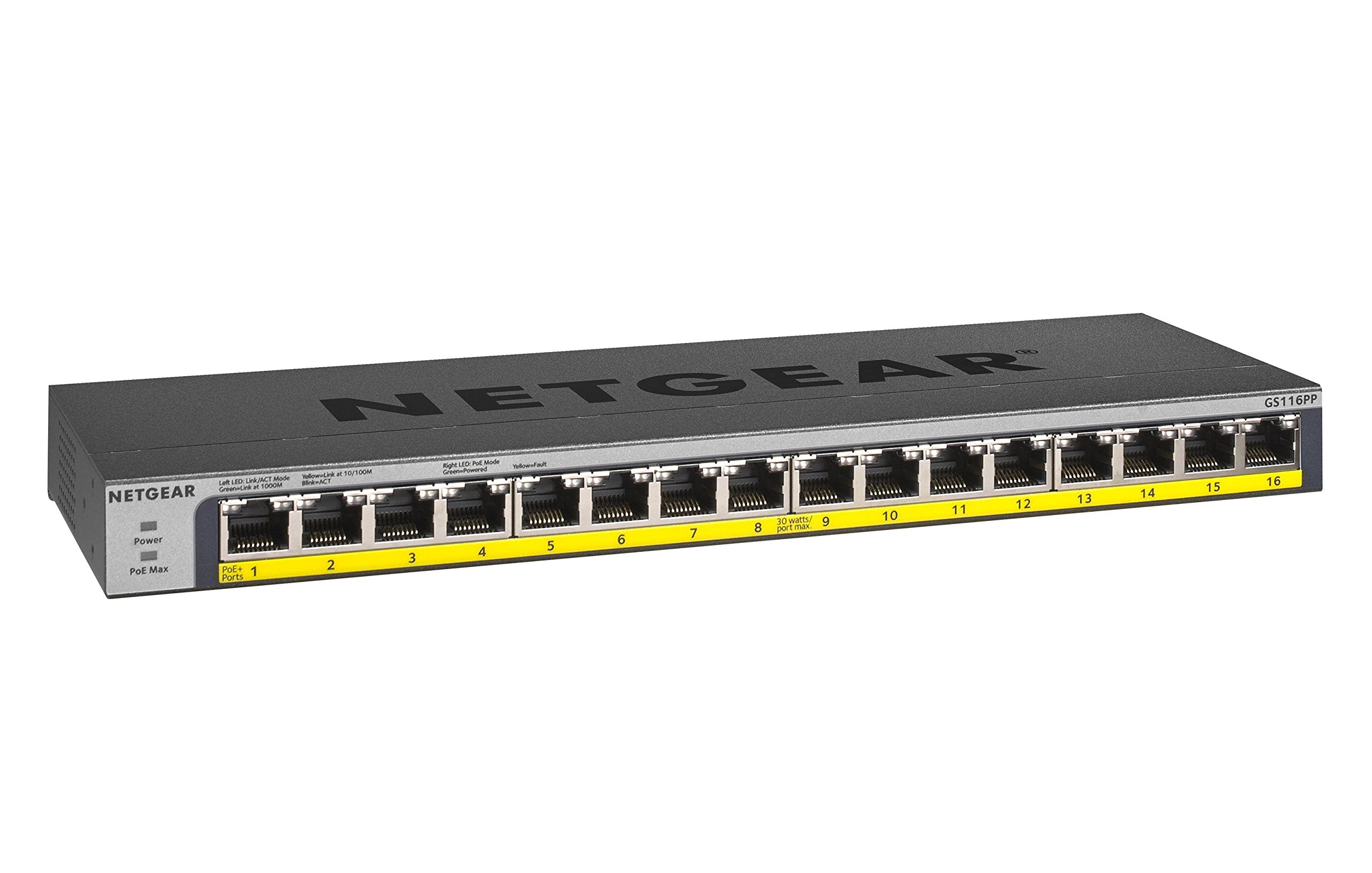 NETGEAR 16-Port Gigabit Ethernet Unmanaged PoE Switch (GS116PP) - with 16 x PoE+ @ 183W, Desktop, Wall Mount or Rackmount, and L