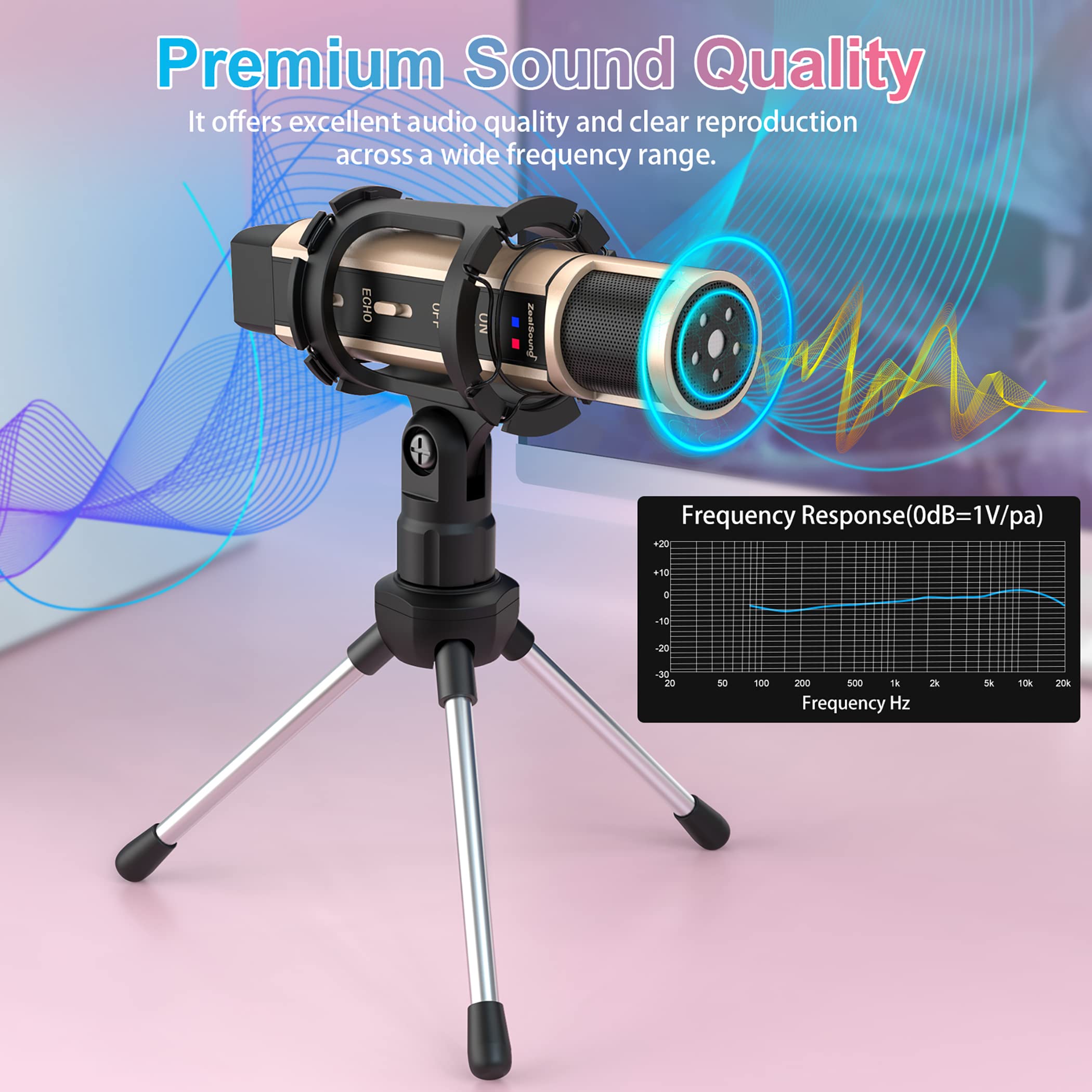 Zealsound Studio Recording Microphone, Condenser Broadcast Microphone W/Stand Built-In Sound Card Echo Recording Karaoke Singing