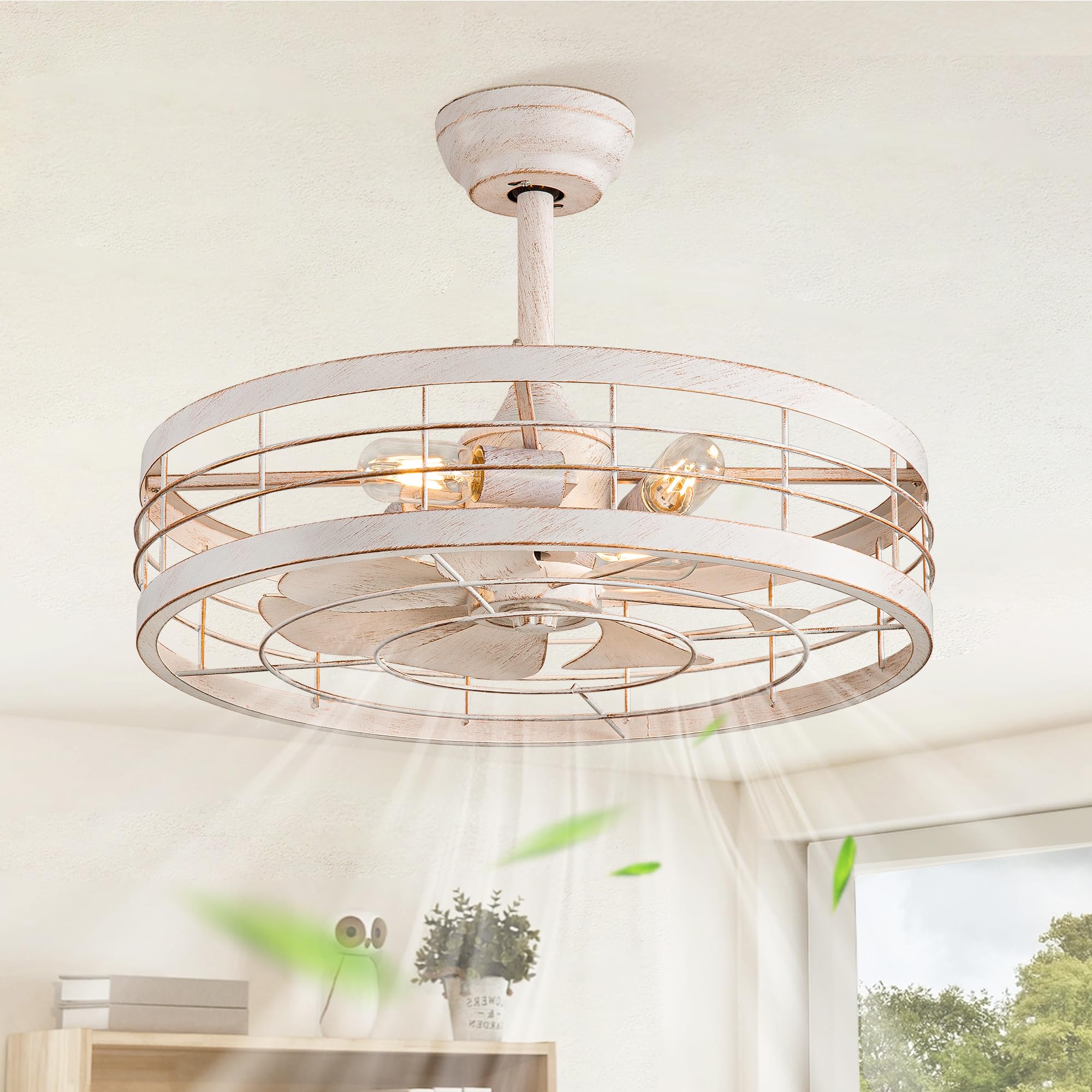 LEDIARY 22 inch Caged Ceiling Fan with Light, Bladeless Industrial Ceiling Fan with Remote, Farmhouse Fan Lights Ceiling Fixture