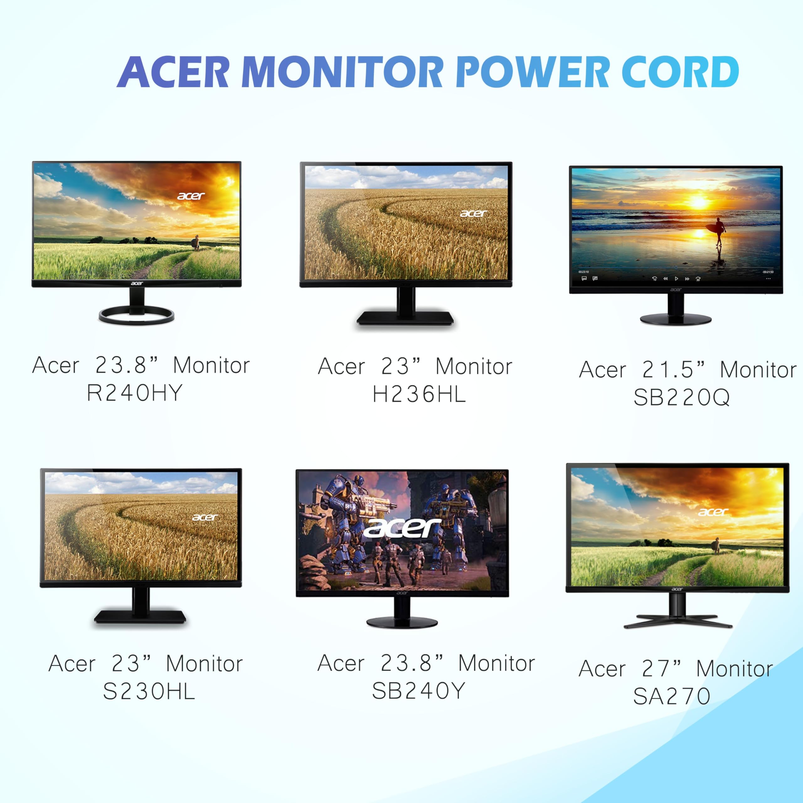 19V Power Cord For Acer Monitor Sb220Q R240Hy S230Hl Sa230 Sb230 H236Hl Sb240Y Sb270 Sa270 S201Hl S231Hl S271Hl S240Hl S241Hl G2