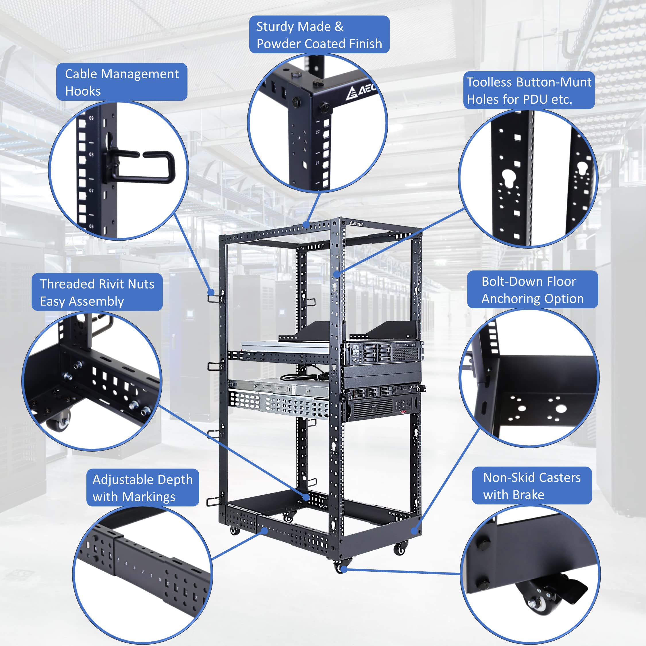 Aeons 22U 4 Post It Open Frame Server Rack 19 Inch Depth Adjustable (22' To 40') Network Equipment Av Gear W/Casters And Cable Management