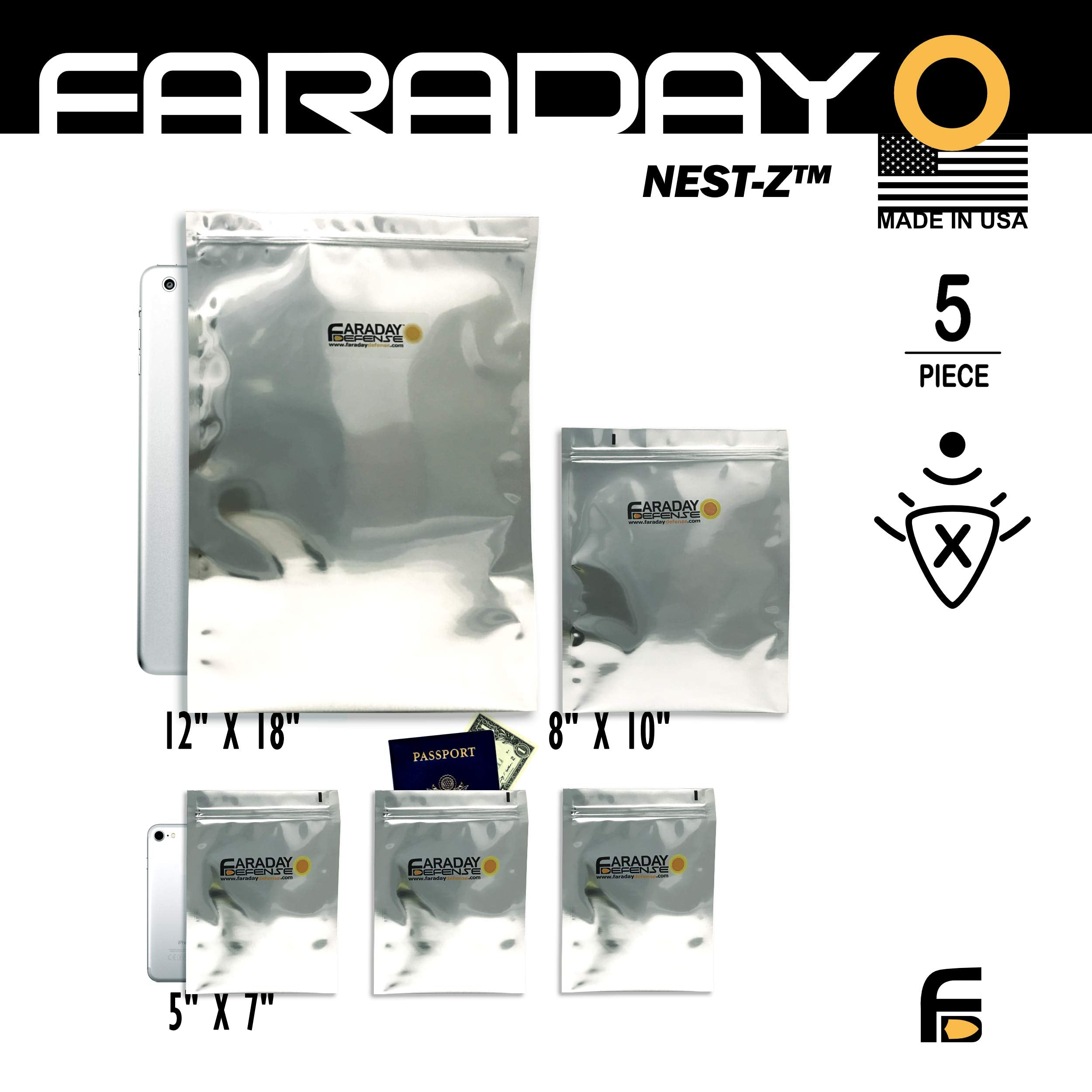 Faraday Defense 5Pc Kit Nest Z Faraday Bag Emp/Solar Flare Prepper Ultra Thick   Military Grade Design, Superior Shielding Perfo