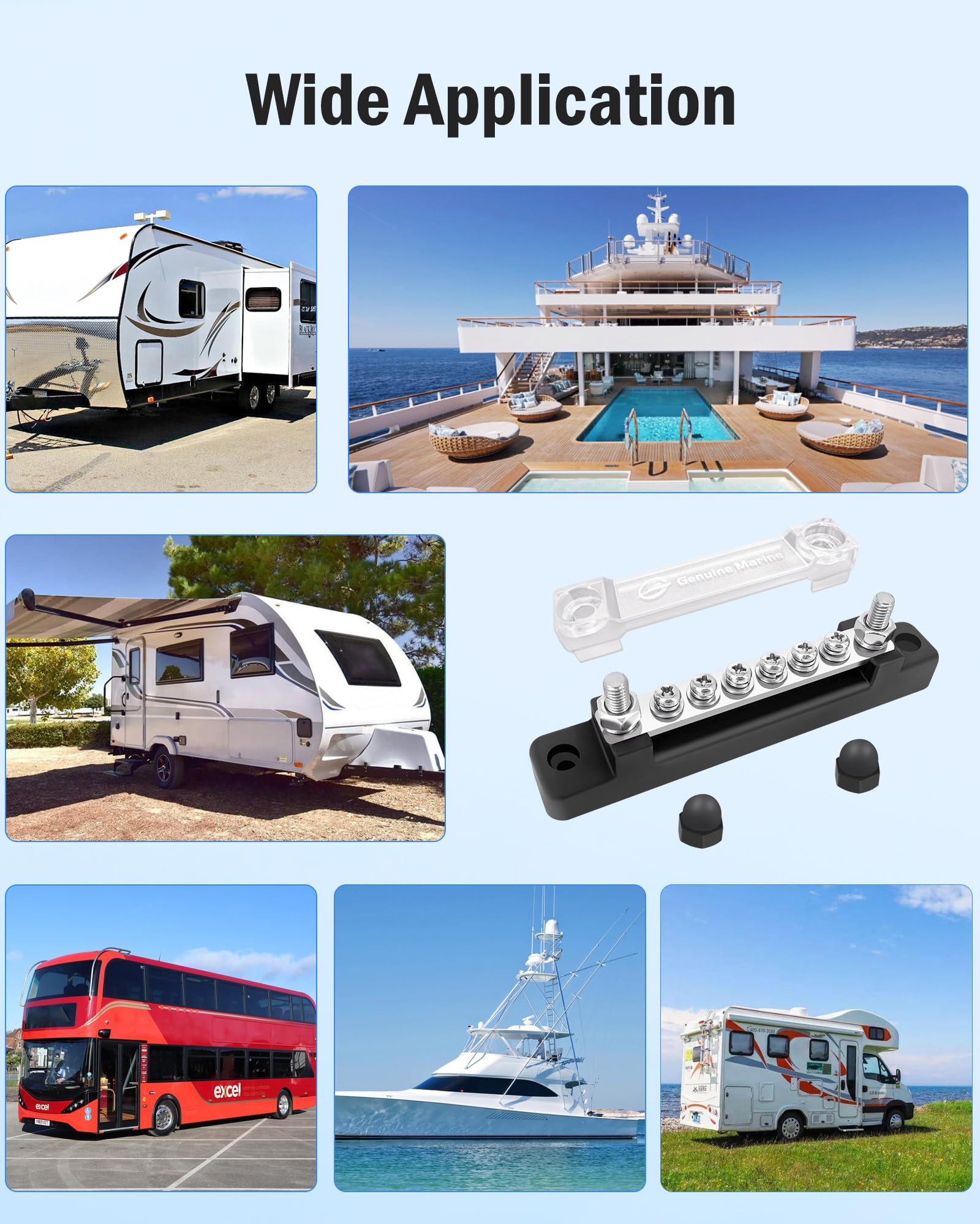 Lenkrad Power Distribution Block Bus Bar Pair With Cover, 150A Bus Bar For Marine, Automotive(6 Screws + 2 Studs)