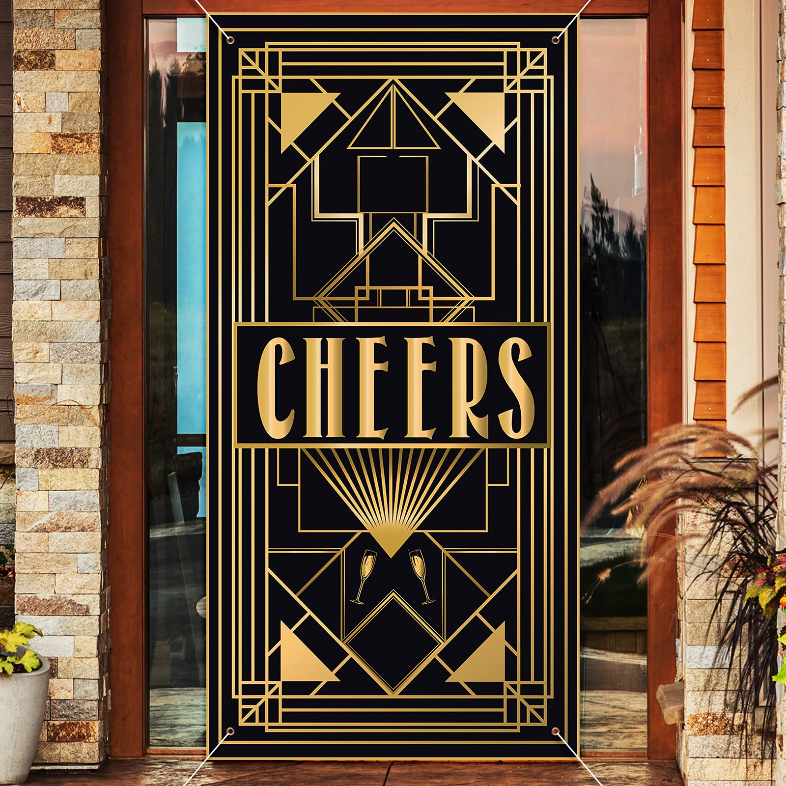 Lingxiu Cheers 20S Party Decorations,Roaring Door Cover Banner,Large Fabric Black And Gold Glitter Sign Photo Booth Backdrop Bac