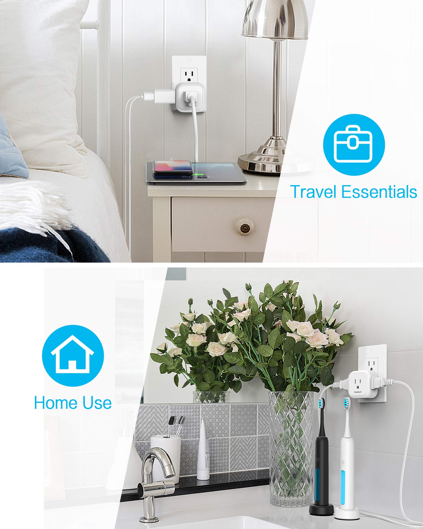 Multi Plug Outlet Extender, Tessan Multiple Plug Splitter With 4 Electrical Outlets, 2 Packs Wall Tap Power Plug Expander For Cr