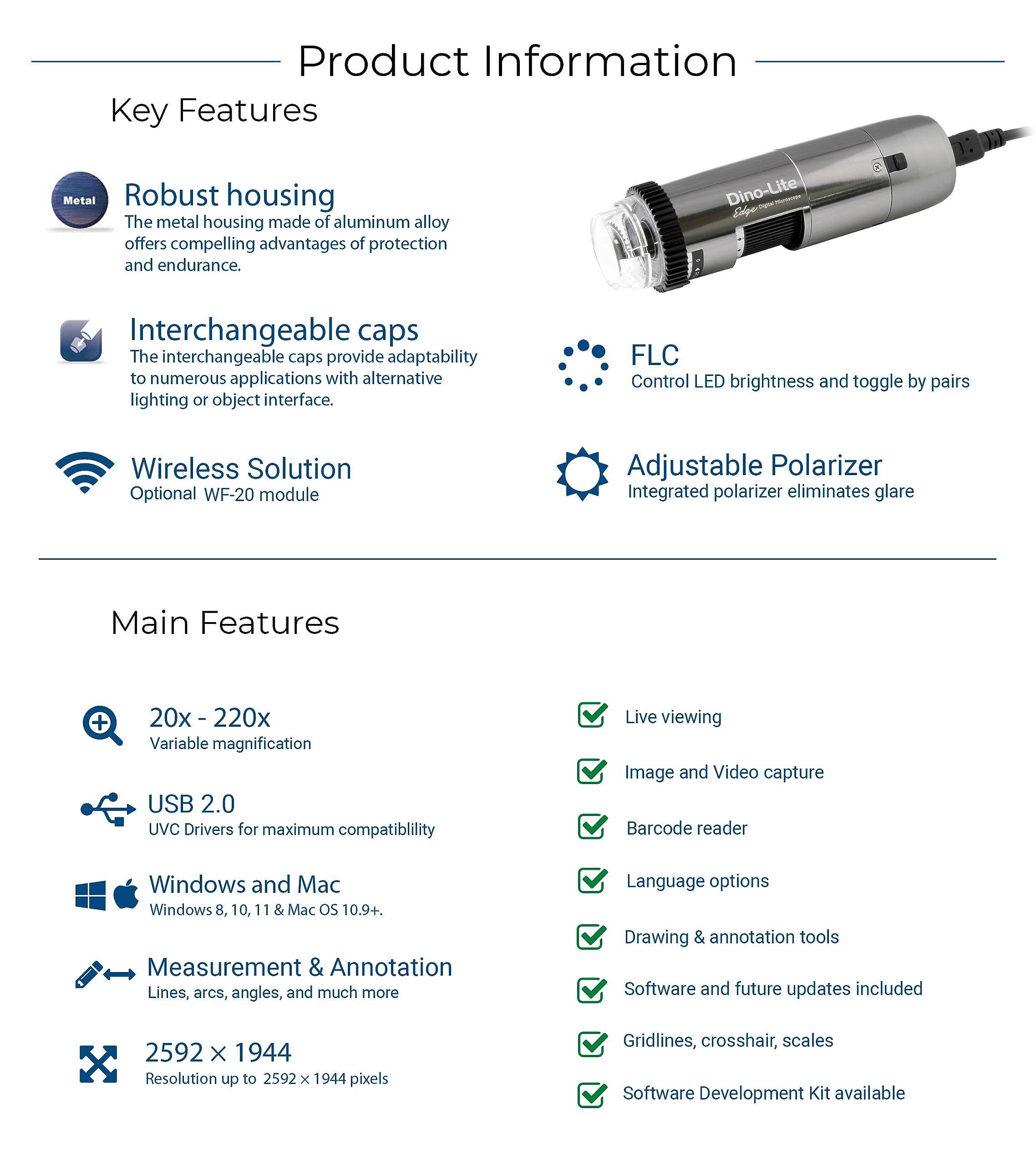 Dino Lite Usb Digital Microscope Af7115Mzt   5Mp, 10X   220X Optical Magnification, Measurement, Polarized Light, Flc