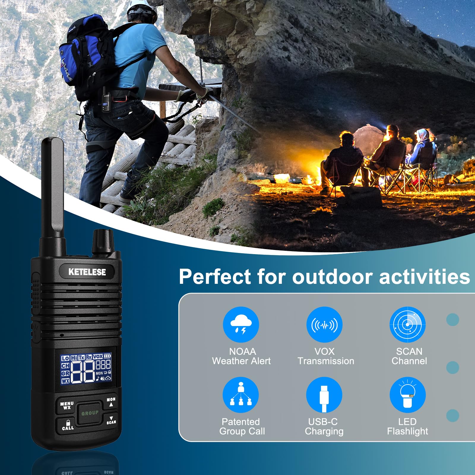 Ketelese Two Way Radio, Frs Walkie Talkies With Earpiece, Long Range Walkie Talkies For Adults, Usb C Rechargeable 2 Way Radio,