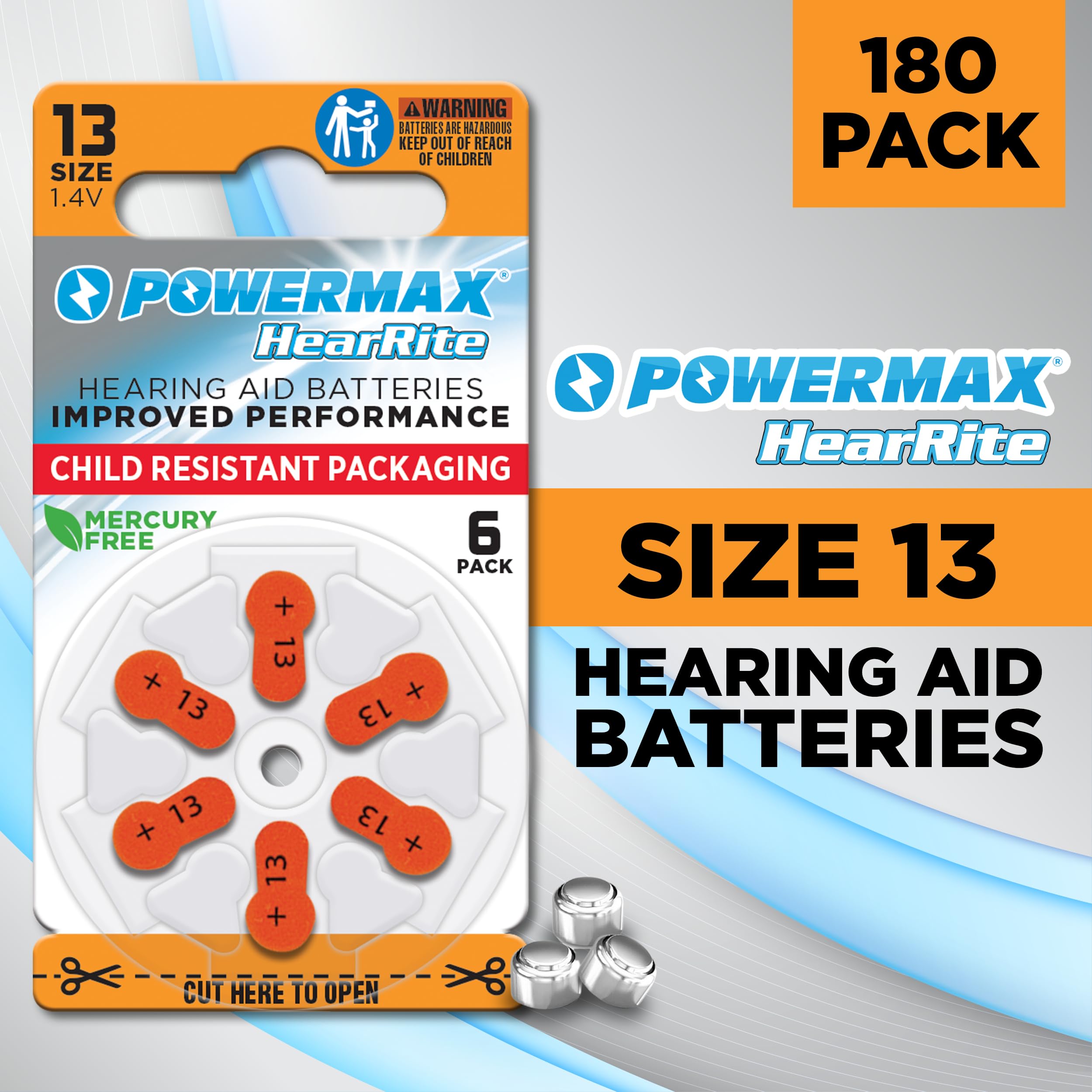 Powermax Size 13 Hearing Aid Batteries, 180 Count Long Lasting Battery Pack, Orange Long Tab For Easy Change