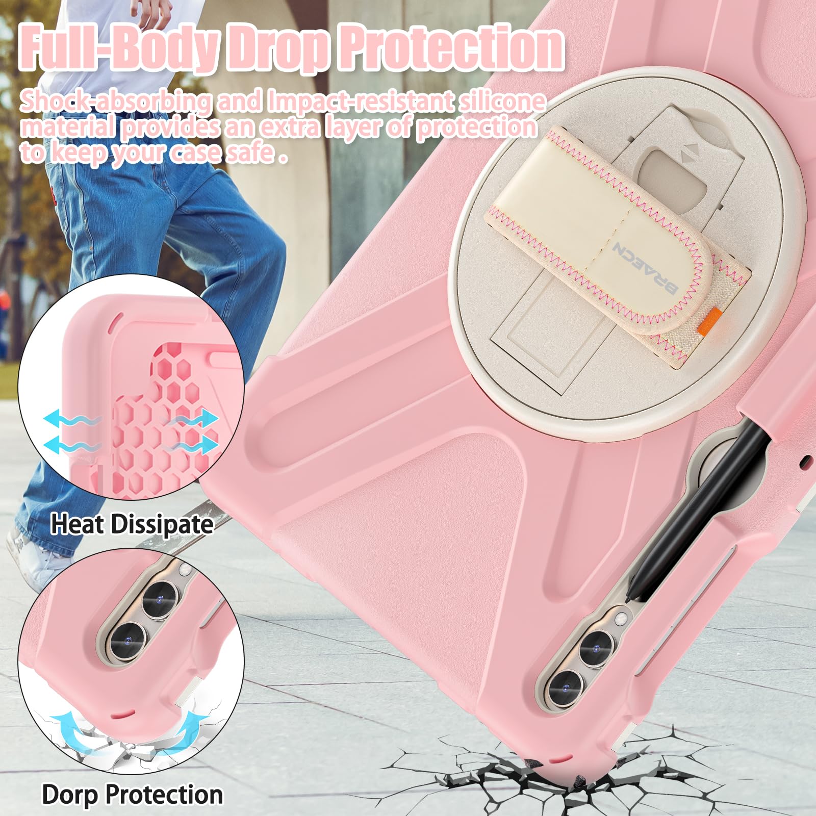 Braecnstock Samsung Galaxy Tab S9 Plus 12.4 Inch Case With Pencil Holder, Shockproof Protective Cover, Rotating Hand Strap & Sta