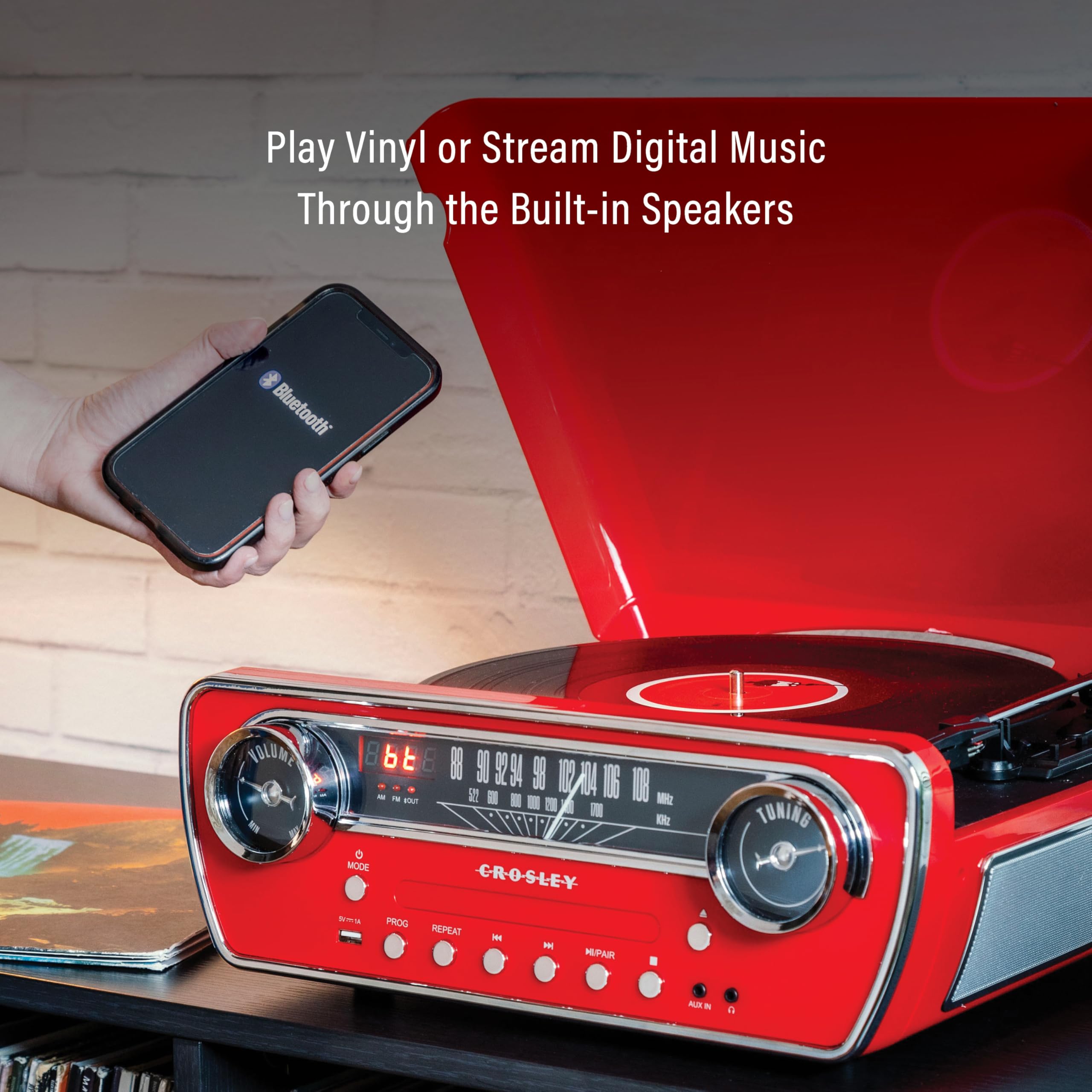 Crosley Cr6047A-Re Powel 7-In-1 Bluetooth In/Out Vinyl Record Player With Am/Fm Radio, Cd Player, And Aux-In, Red