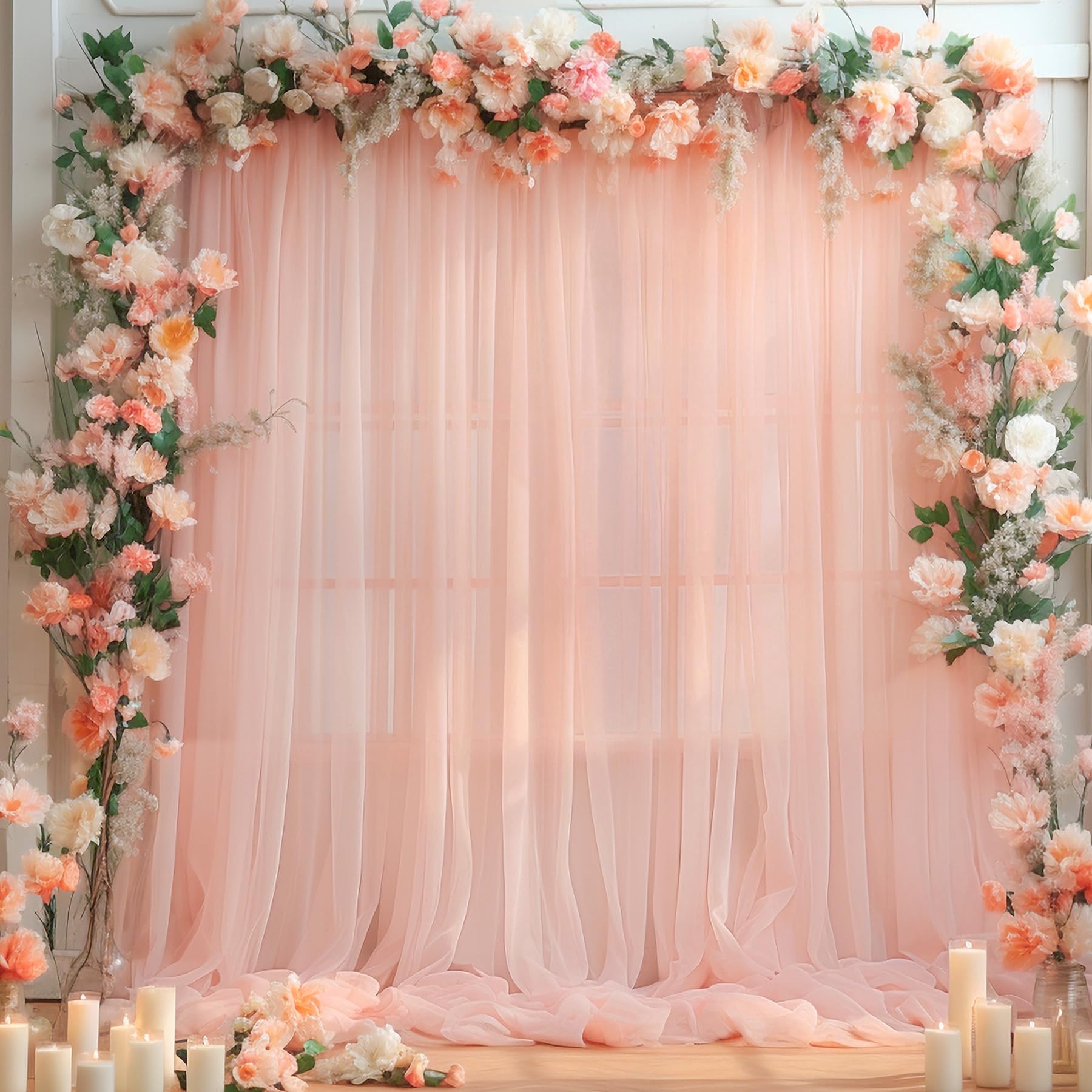 10X10 Peach Tulle Backdrop Curtains For Parties, Sheer Backdrop Curtain Wedding Photo Backdrop Drapes For Baby Shower Photograph