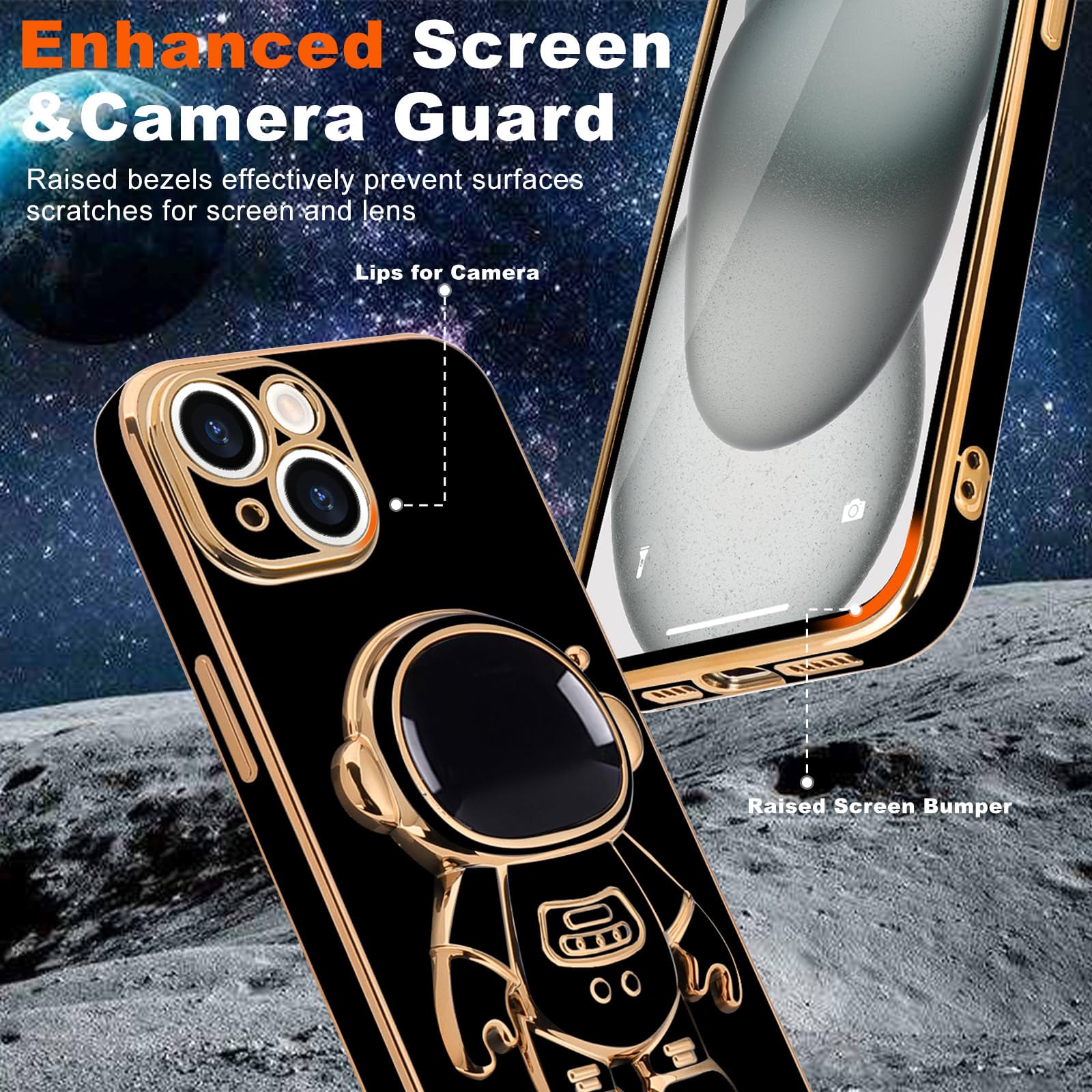 Pepmune For Iphone 15 Case, Cute 3D Astronaut Stand With [2 Screen Protector] [Camera Protection] Kickstand Shockproof Bling Sil