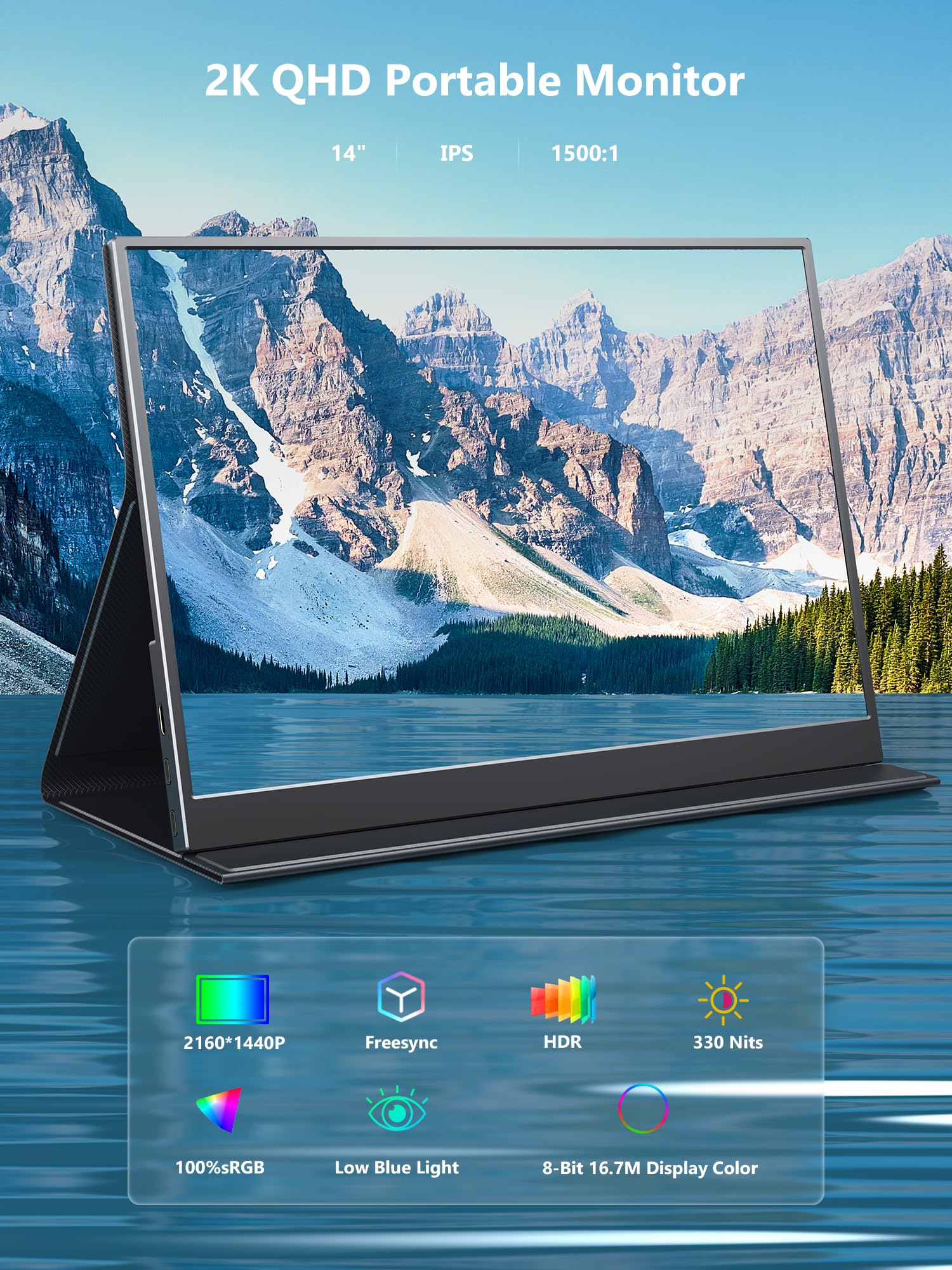 Portable Monitor, 14 Inch 3:2 Qhd Ips Laptop Display, Dual Usb C Hdmi Laptop Screen Extender, 2160 * 1440P Gaming Display With 2