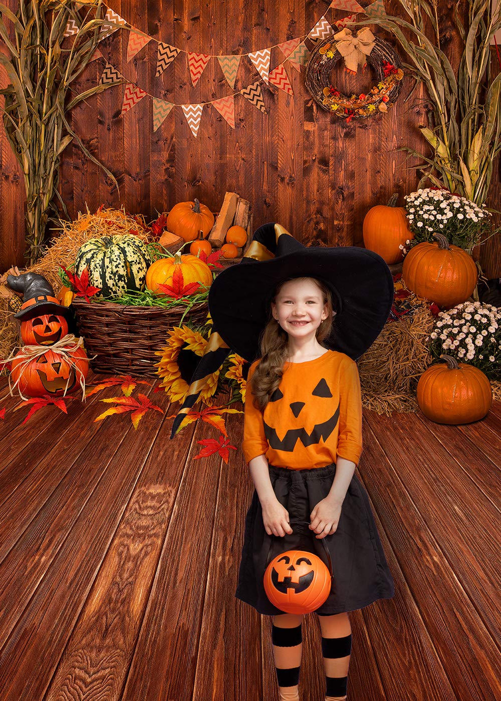 Ouyida 5X7Ft Fall Thanksgiving Wooden Floor Barn Autumn Pumpkins Maple Leaves Sunflower Baby Portrait Party Halloween Decoration Vinyl Photography Backdrop Photo Booth Background Studio Prop Tp295