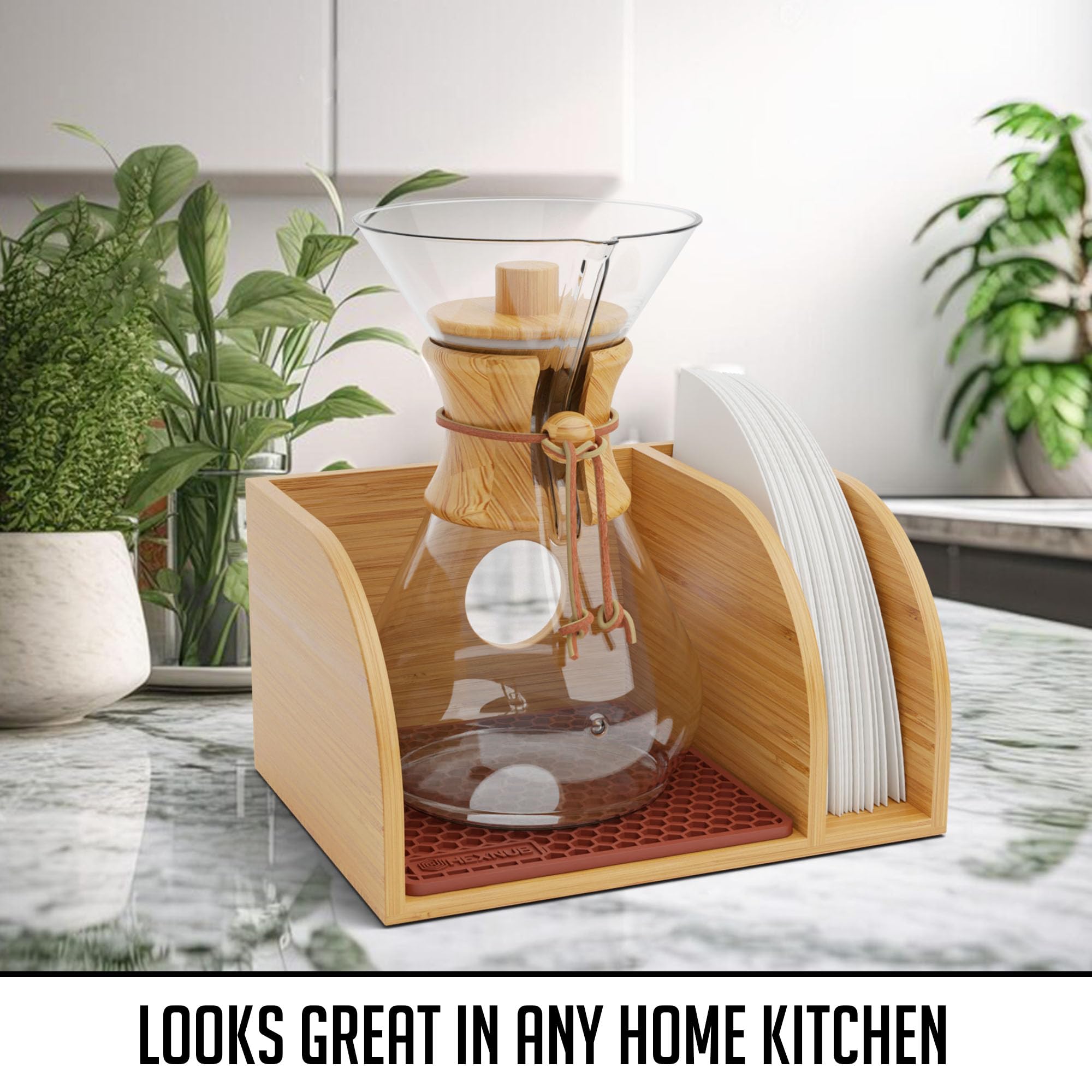 Hexnub   Caddy For Pour Over Coffee Maker, Bamboo Stand Fits Chemex, Bodum, Cosori Coffee Carafes, Heatproof Mat, Filter Holder