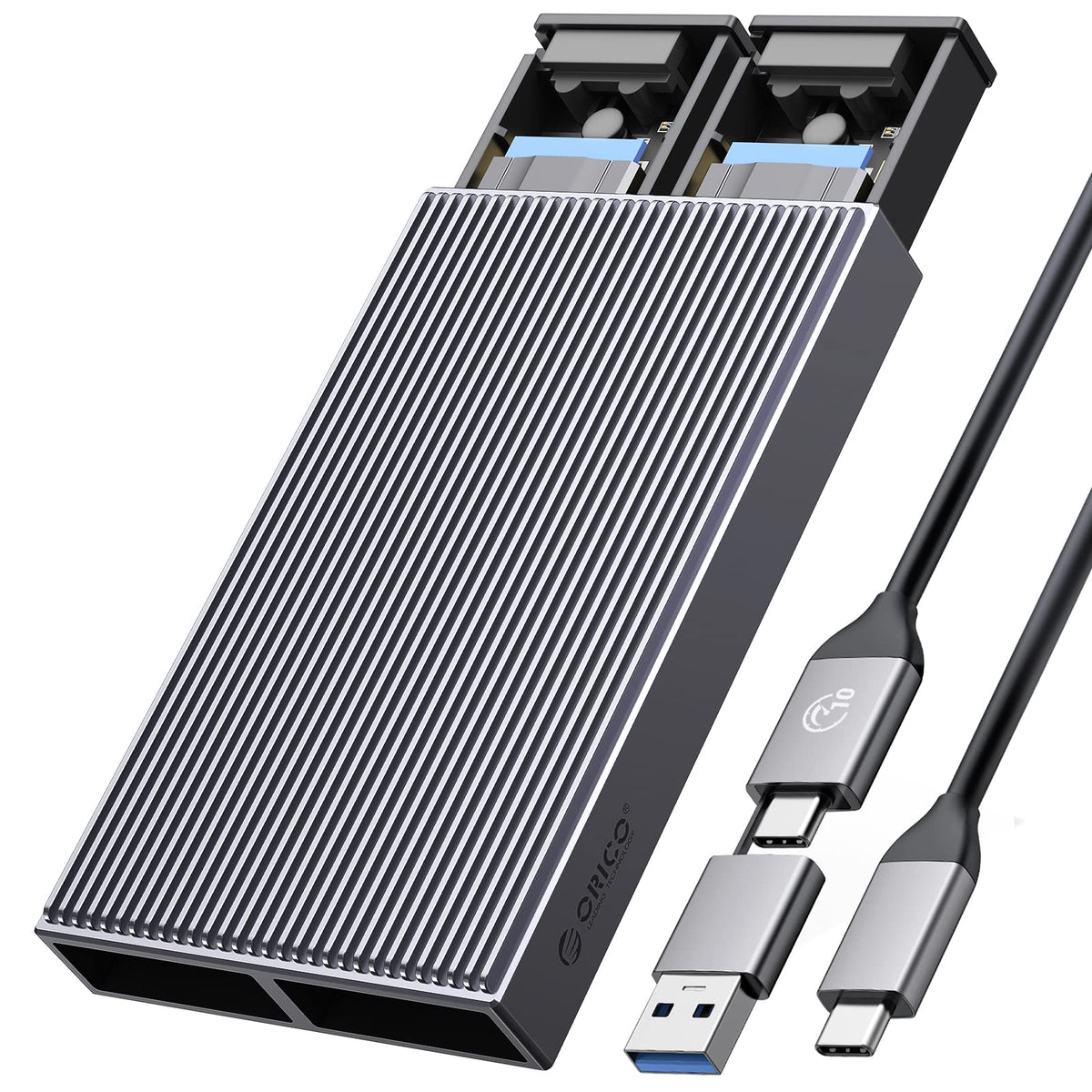 Orico Dual M.2 Nvme Ssd Enclosure, Usb C To M2 Adapter For M Key Pcie 2230/2242/2260/2280 M.2 Ssds,Tool Free Installation Alumin