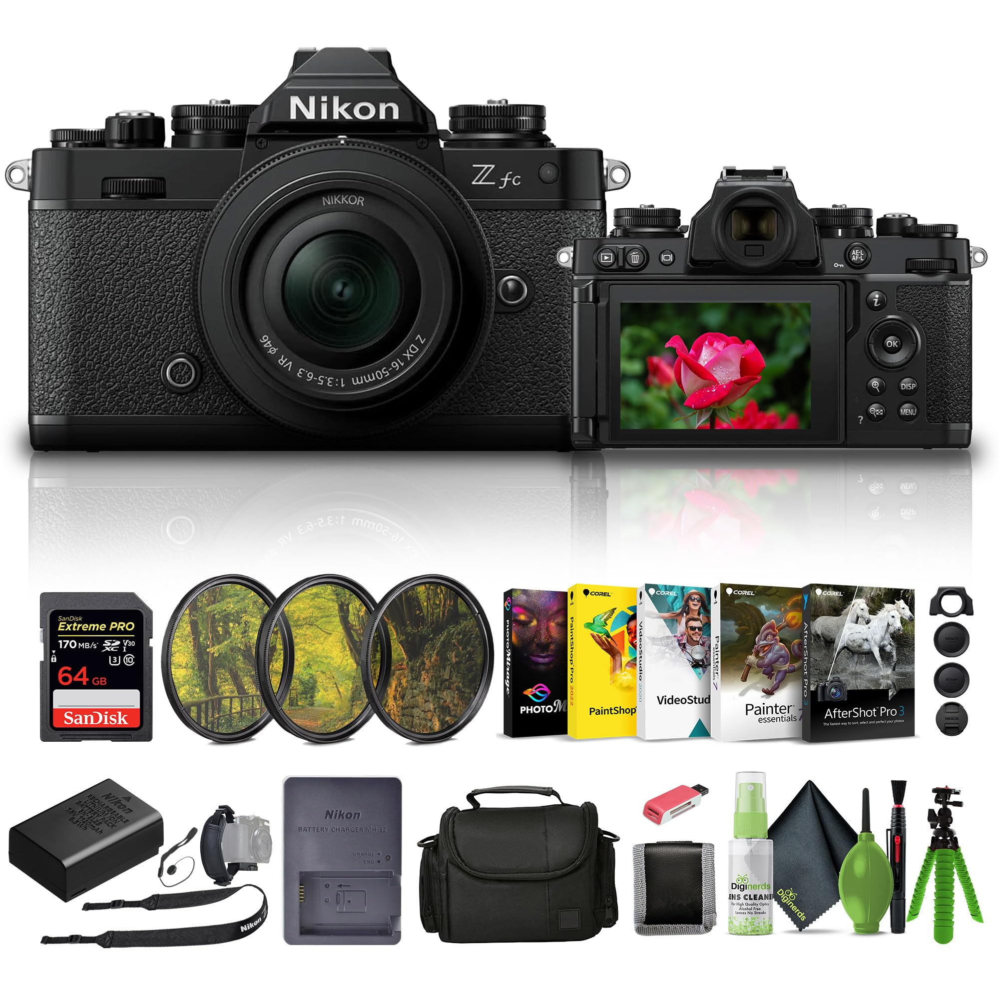 Nikon Zfc Mirrorless Camera with 16-50mm Lens (1675) + 64GB Memory Card + Filter Kit + Bag + Card Reader + Corel Photo Software 