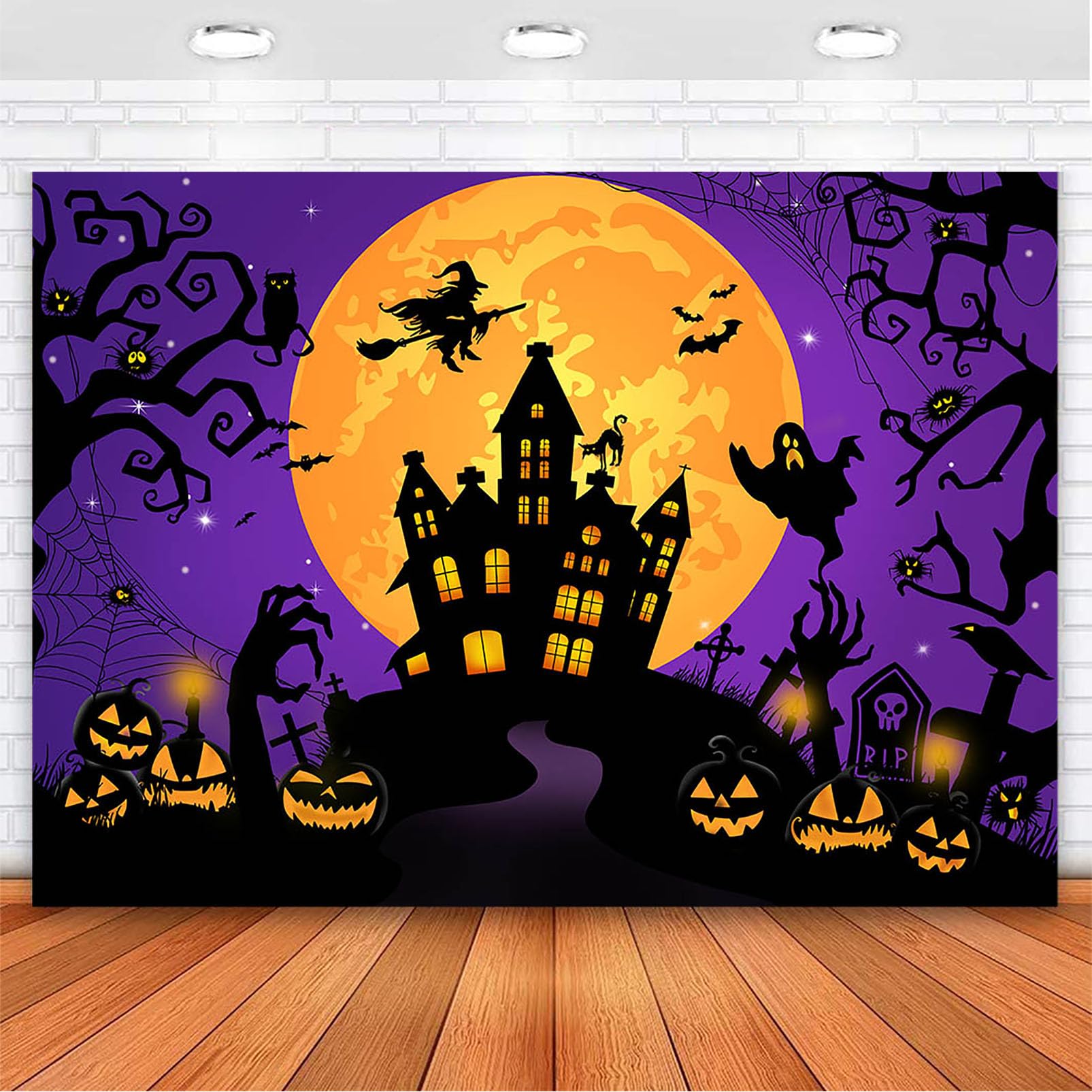 Avezano Halloween Backdrop Horror Moon Night Halloween Backdrops For Parties Haunted Castle Scary Pumpkin Lantern Witch Full Moo