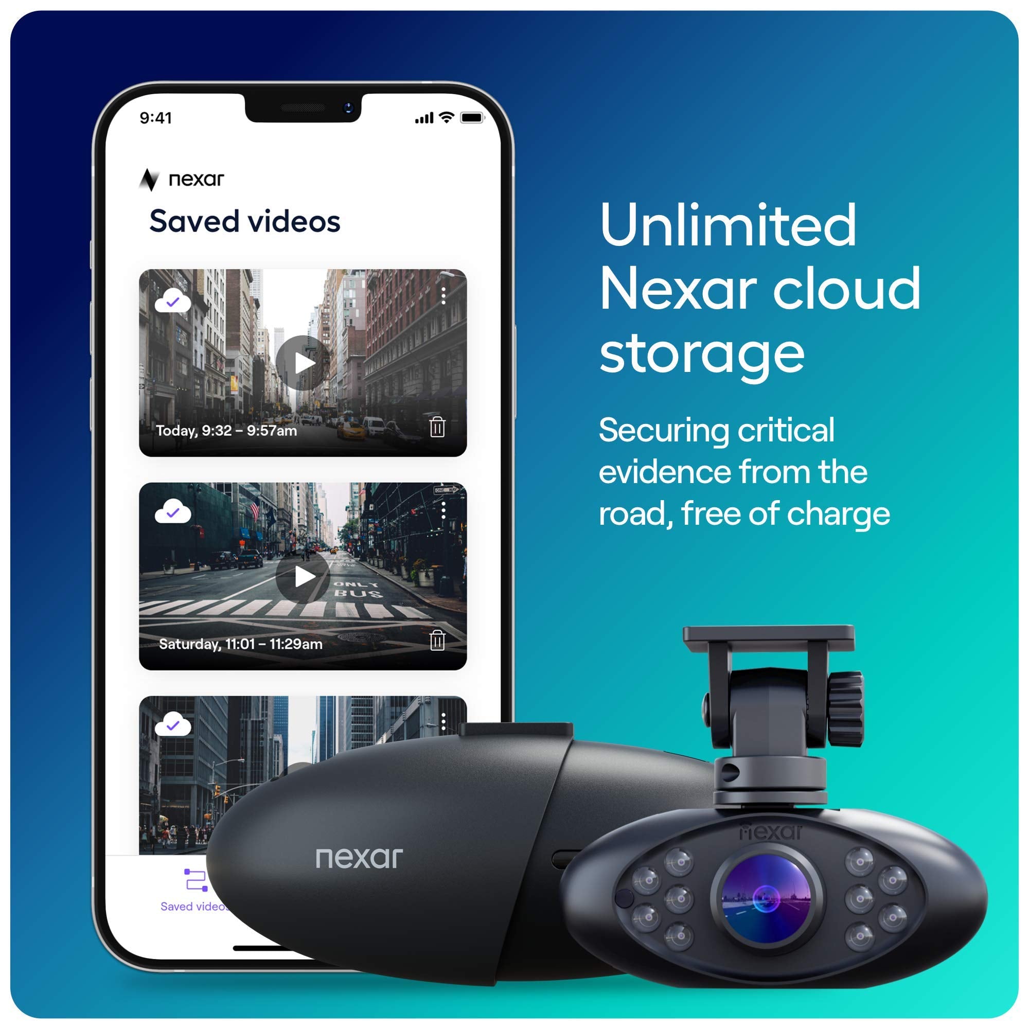 Nexar Pro Dual Dash Cam   1 Year Nexar App Subscription Included   Unlimited Cloud Storage, Drive Recordings, Parking Mode, Nigh