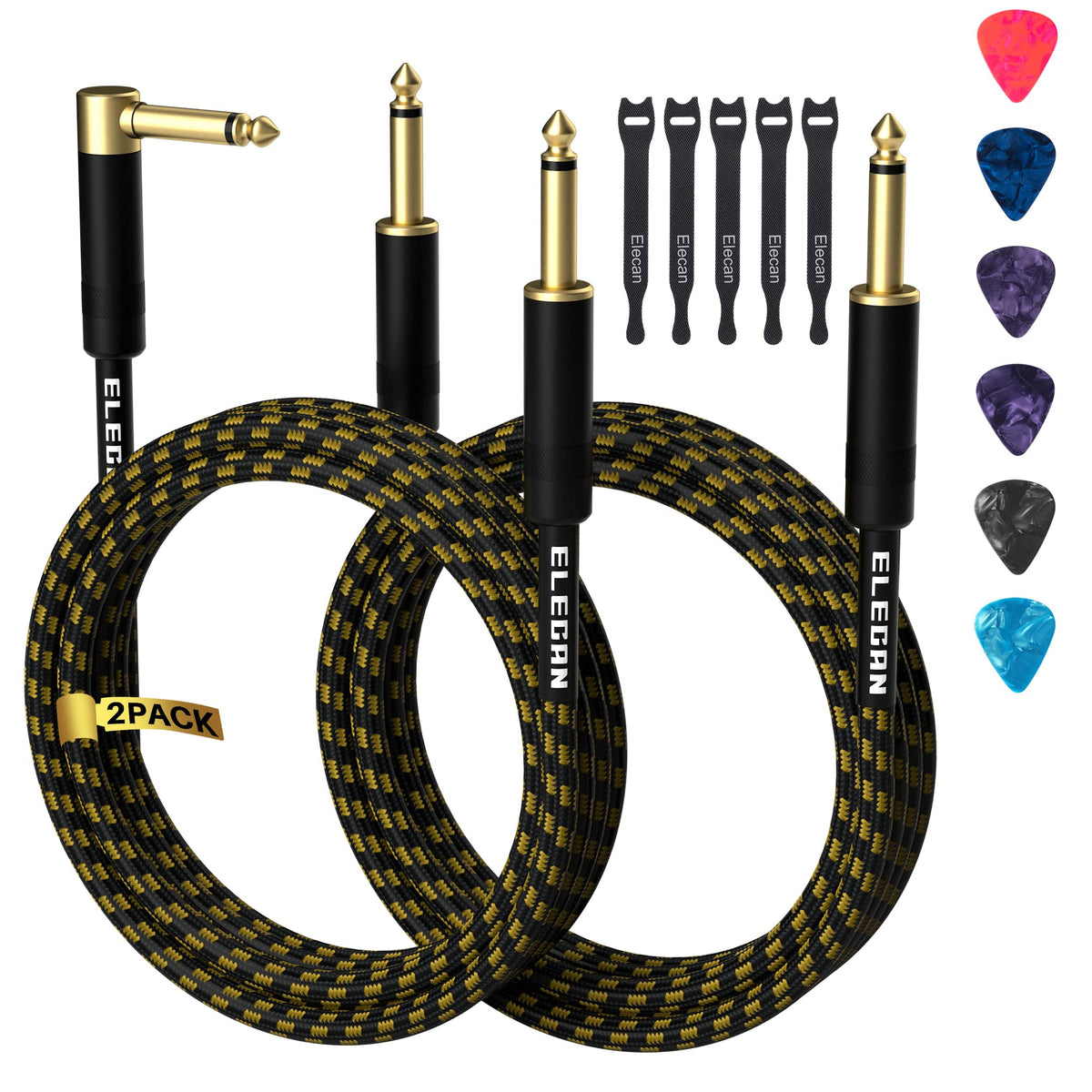 Guitar Cable 15 Feet/2 Pack Right Angle+Straight To Straight Instrument Cable Gold Plated Nylon Braided 90 Degree 1/4 Inch Ts El