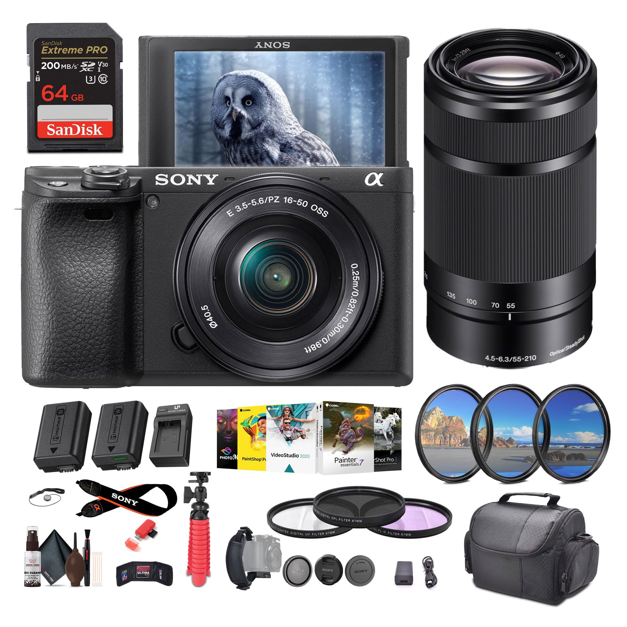 Sony a6400 Mirrorless Camera with 16-50mm Lens (ILCE-6400L/B) + Sony E 55-210mm f/4.5-6.3 OSS Lens + 64GB Memory Card + NP-FW50 