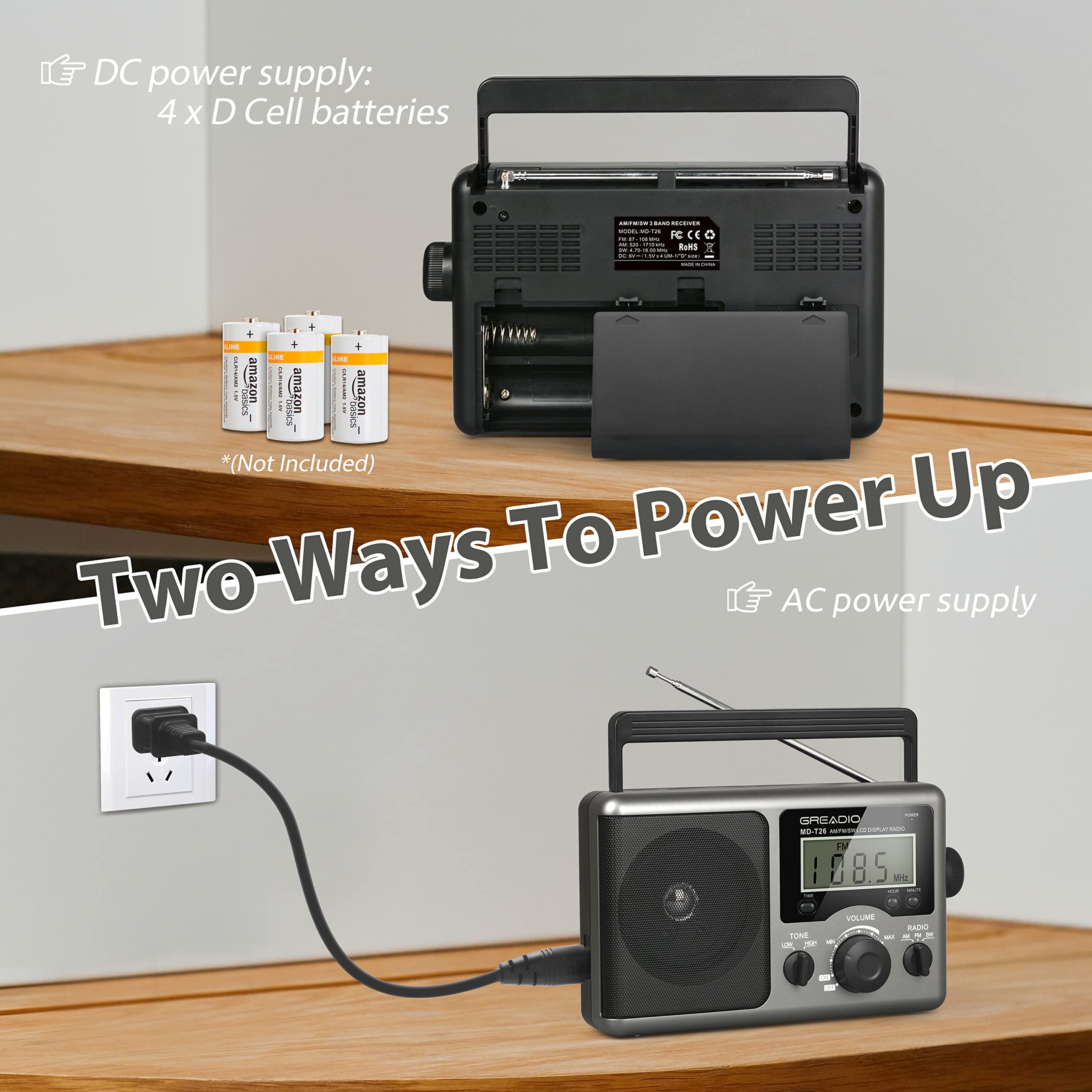 Greadio Portable Shortwave Radio With Best Reception,Am Fm Transistor,Lcd Display,Time Setting,Battery Operated By 4 D Cell Batt