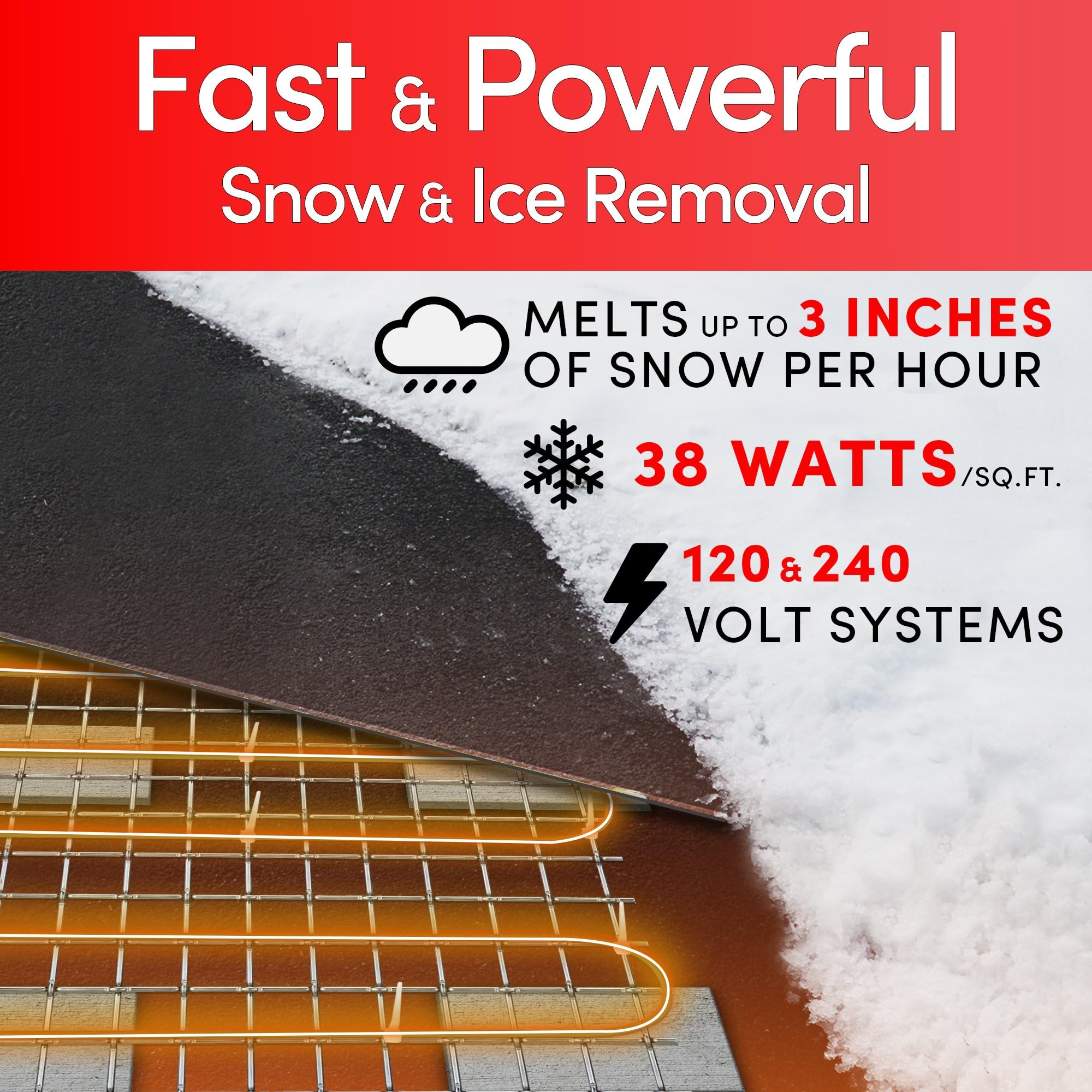 Electric Snow And Ice Melting Underground Cable 85.5 Feet, Covers 28 Sqft At Up To 38 Watts/Sqft, 240V - Radiant Heated Driveway