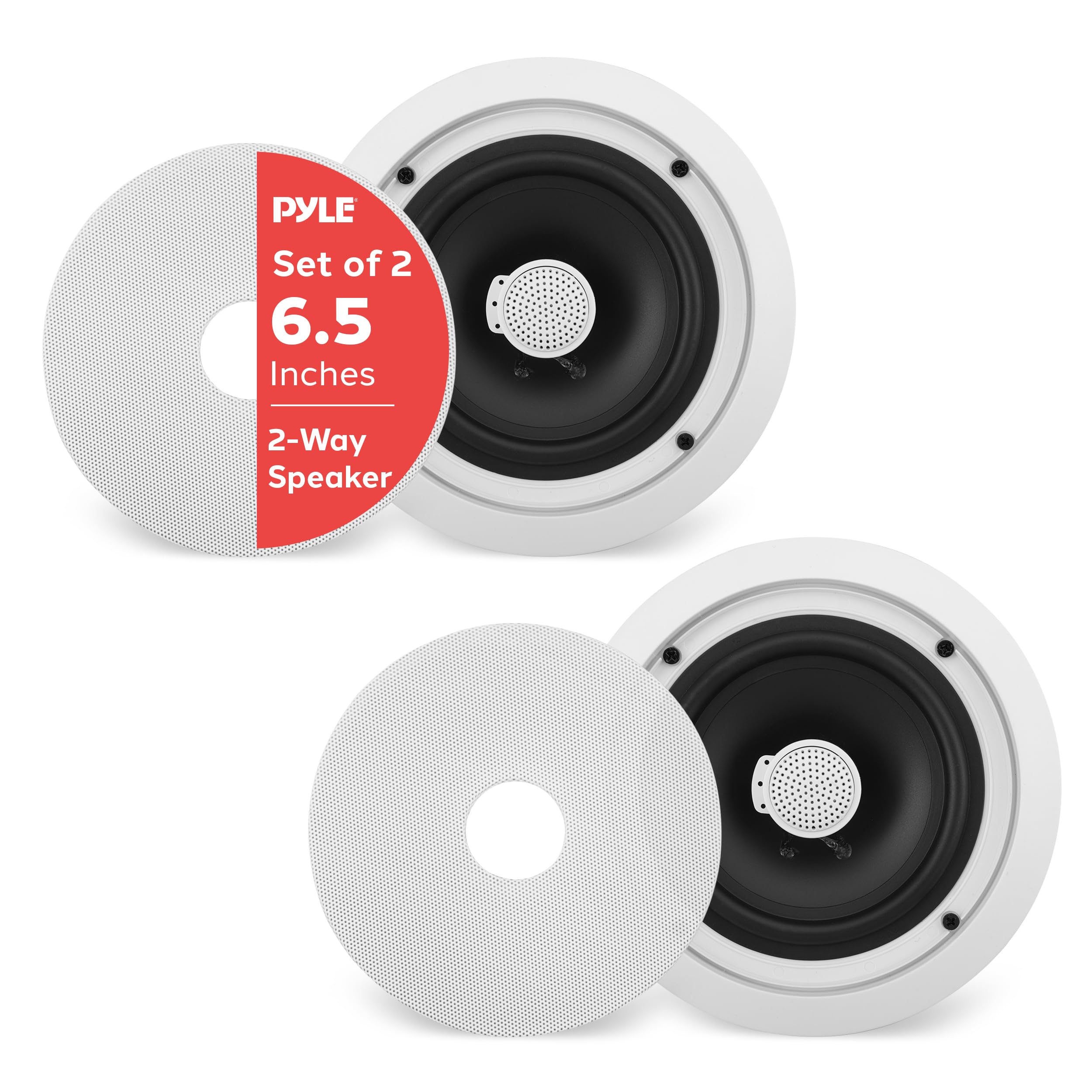 Pyle 6.5 In-Wall/In-Ceiling Midbass Speakers (Pair) - 2-Way Woofer Speaker System Directable 1    Titanium Dome Tweeter Flush 