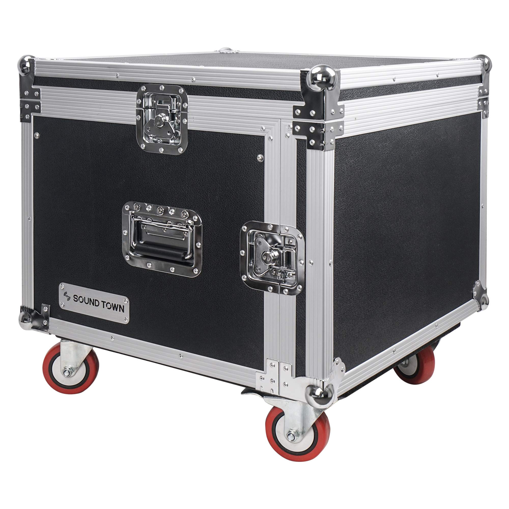 Sound Town Shock Mount 8U Ata Rack Case With 21    Rackable Depth, 11U Slant Mixer Top And Casters, 8 Space Size   Pro Tour Grad