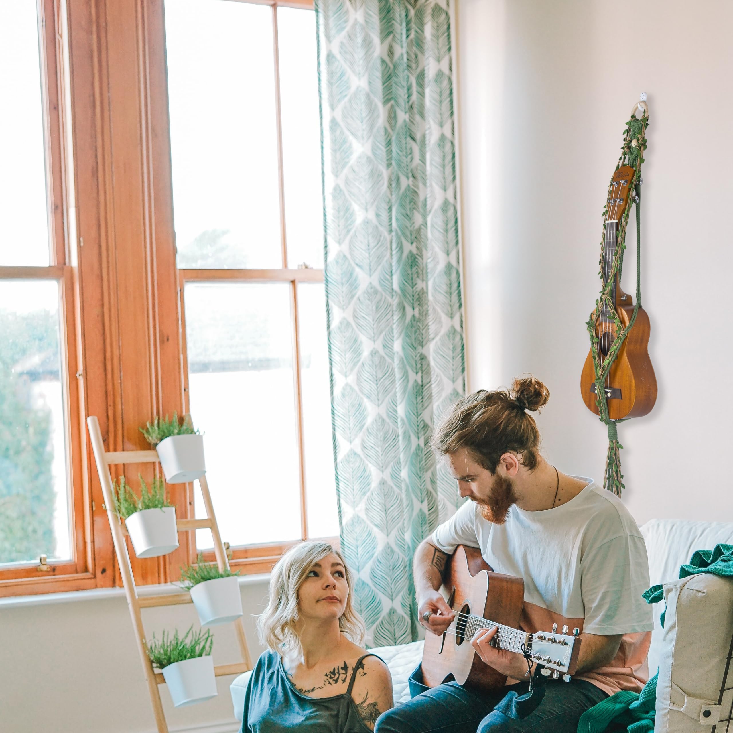 Macrame Ukulele Hanger Wall Mount - Handwoven Holder For Soprano Ukulele, Boho Wall Decor, Natural Cotton Rope With Protective P