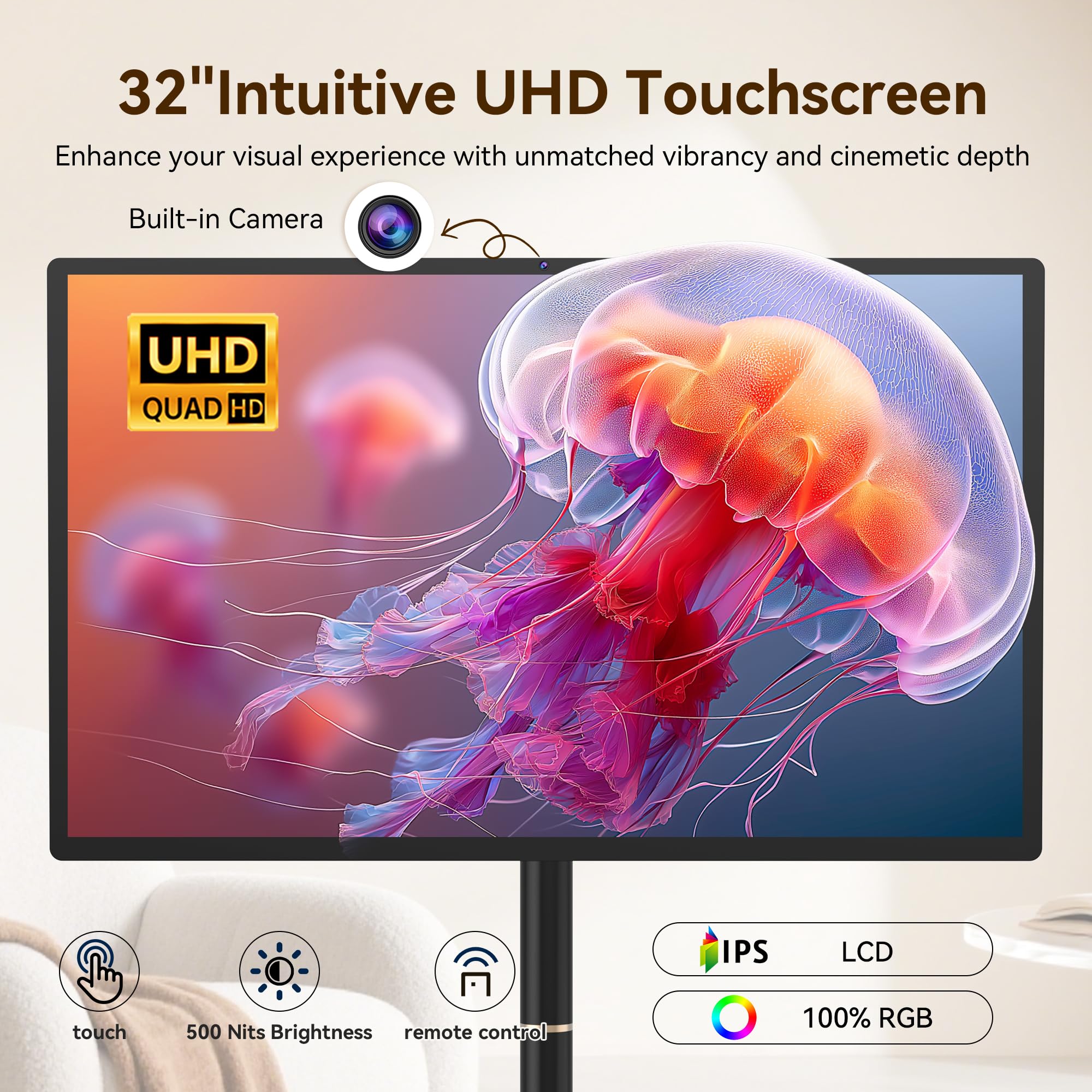 32-Inch Portable Smart Tv On Wheels With Touch Screen Monitor | 8G Ram +128G Storage | 8-Core Cpu Qualcomm | Built-In 6-8H Batte