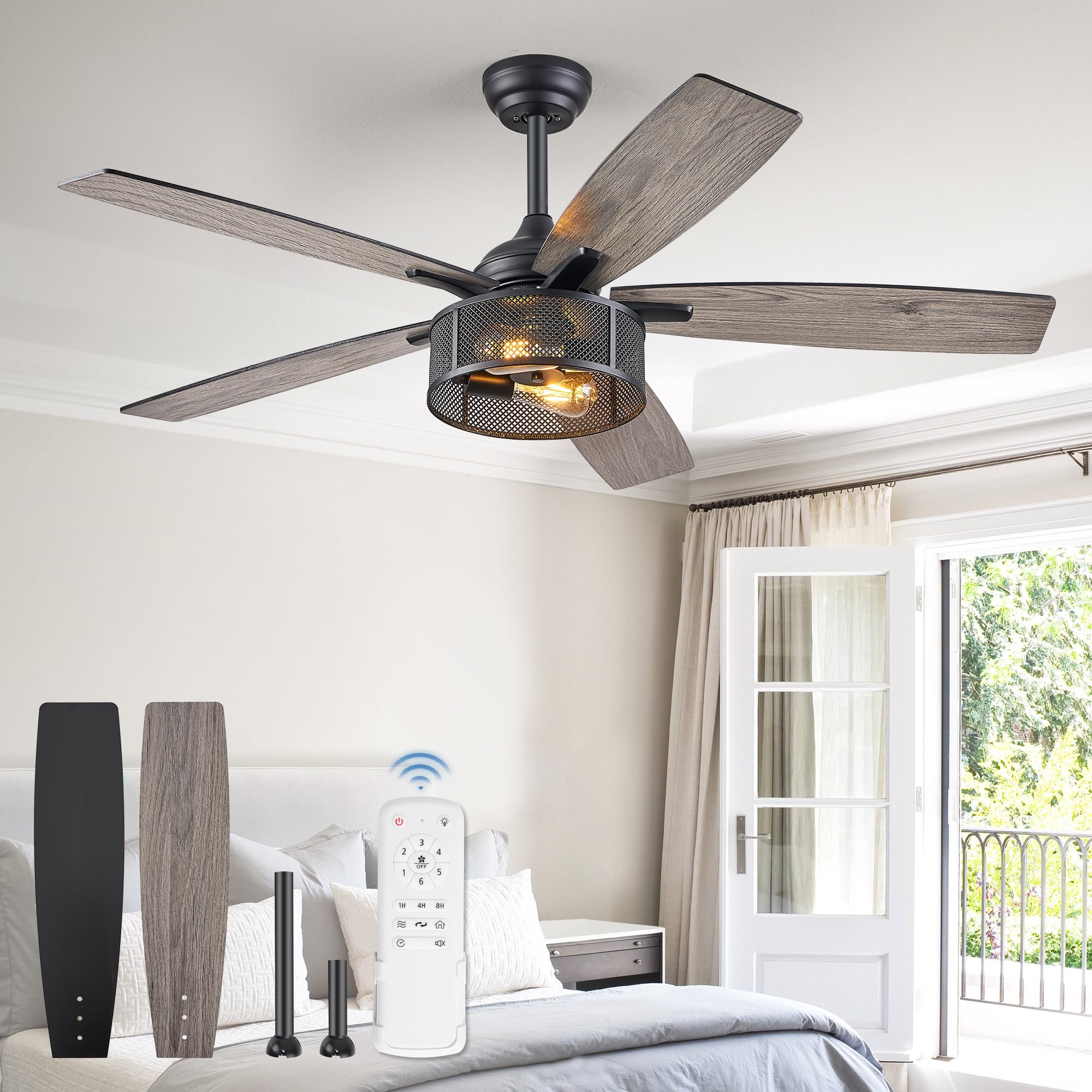 Farmhouse Ceiling Fans With Lights And Remote, 52 Inch Black Industrial Caged Ceiling Fans For Bedroom Living Room Kitchen, 6 Sp