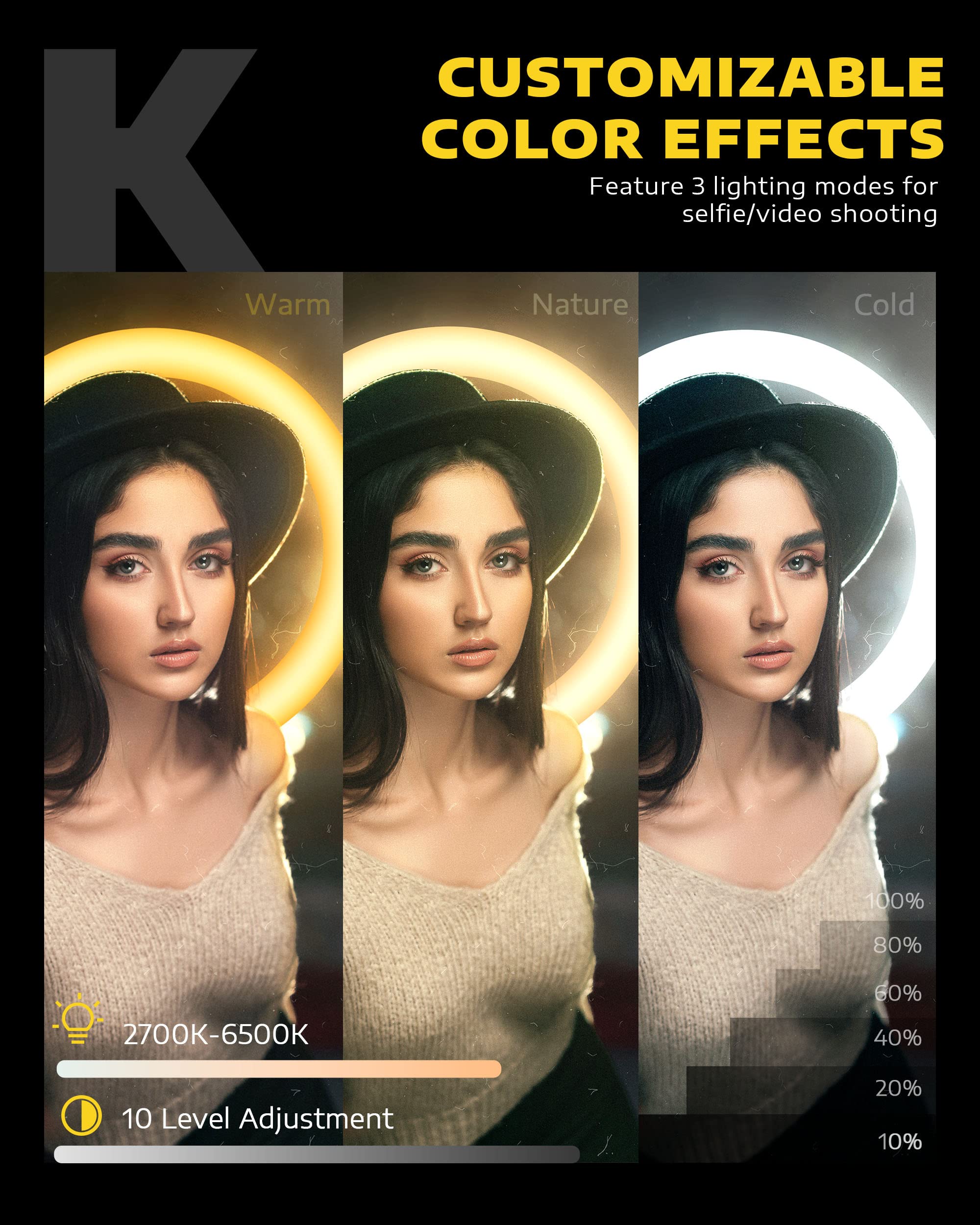 Kaiess 10.2'' Selfie Ring Light With 65'' Adjustable Tripod Stand & Phone Holder For Live Stream/Makeup, Upgraded Dimmable Led R