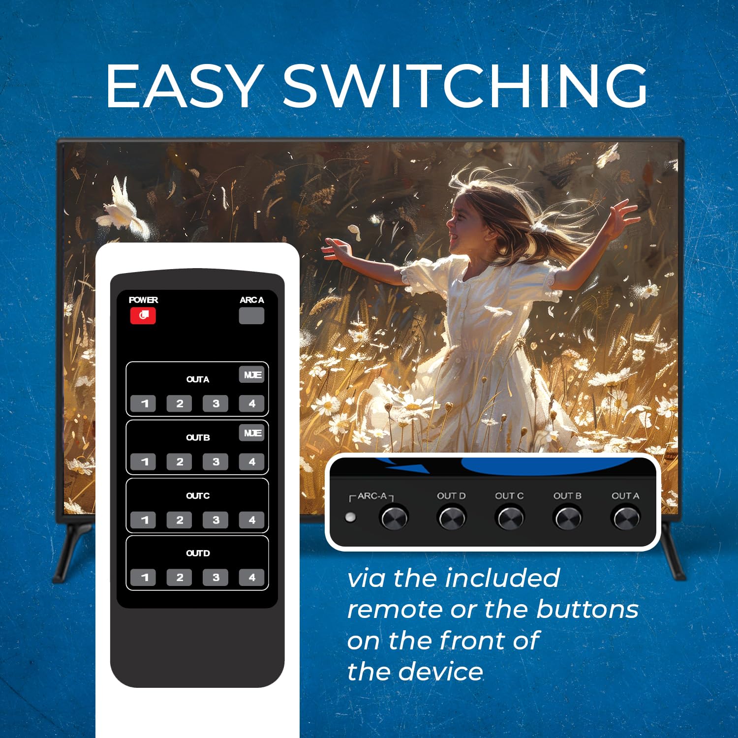 Orei 4X4 4K Hdmi Matrix Switcher Splitter With Remote Control Auto Downscale 4K To 1080P, Hdr10 Support, And Rs-232 Control With