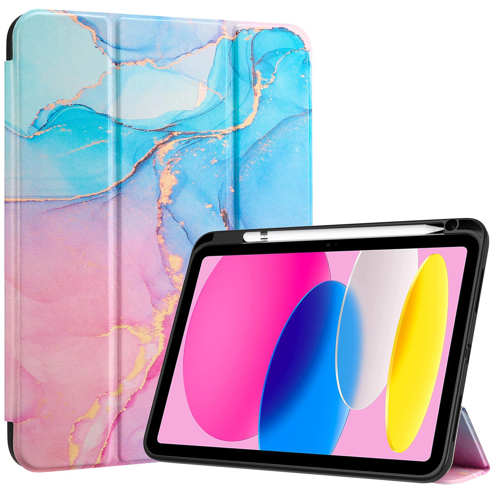 Procase For Ipad (A16) 11Th Generation 11 Inch 2025/10Th Generation 10.9 Inch 2022 Case With Pencil Holder, Hybrid Ipad 11 10 Case With Clear Back, Supports Auto Wake/Sleep  Bluemarble