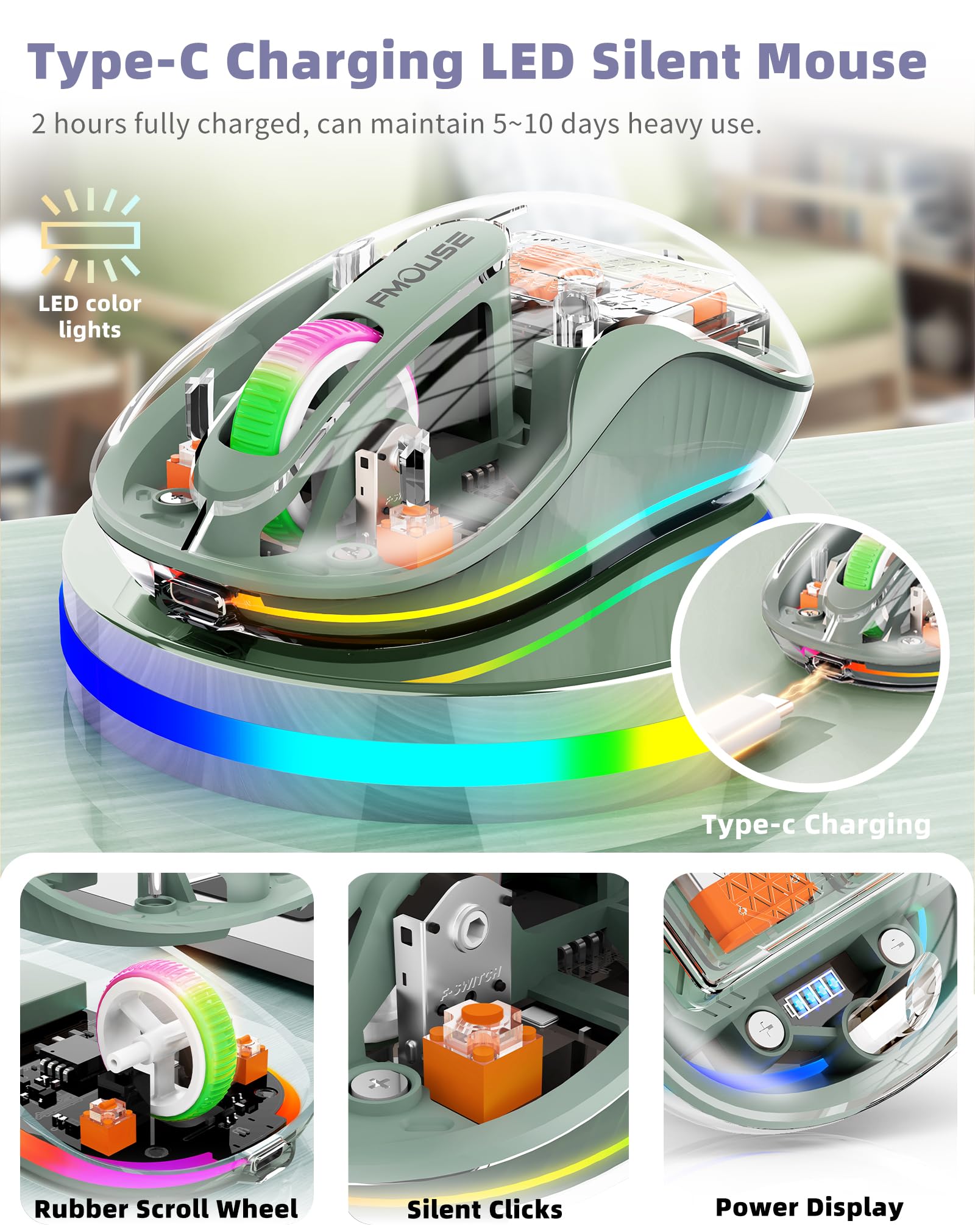 Fmouse Interesting Transparent Bluetooth Mouse With Usb & Type C Two Receiver, Small Portable Silent Wireless Mice With Rgb Ligh