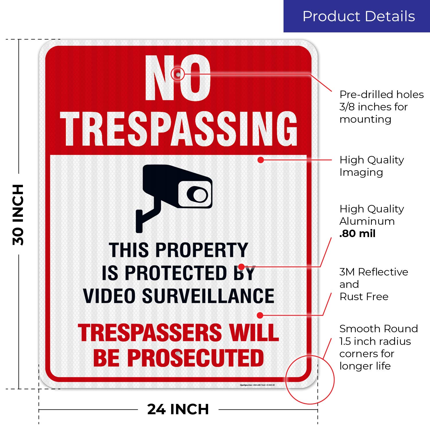 Sigo Signs   Video Surveillance No Trespassing Sign, Cctv Security Camera, 24X30 Inches, 3M Egp Reflective .080 Aluminum, Fade R