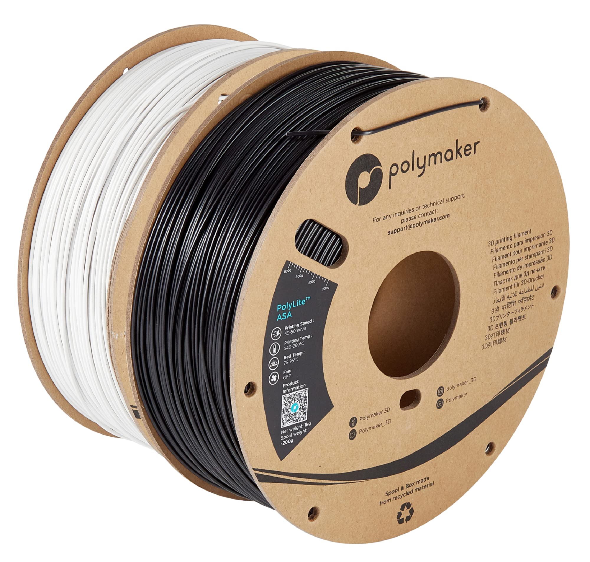 Polymaker ASA Filament 1.75mm Black*1+White*1, 2kg ASA 3D Printing Filament, Heat & Weather Resistant - ASA 3D Printer Filament 