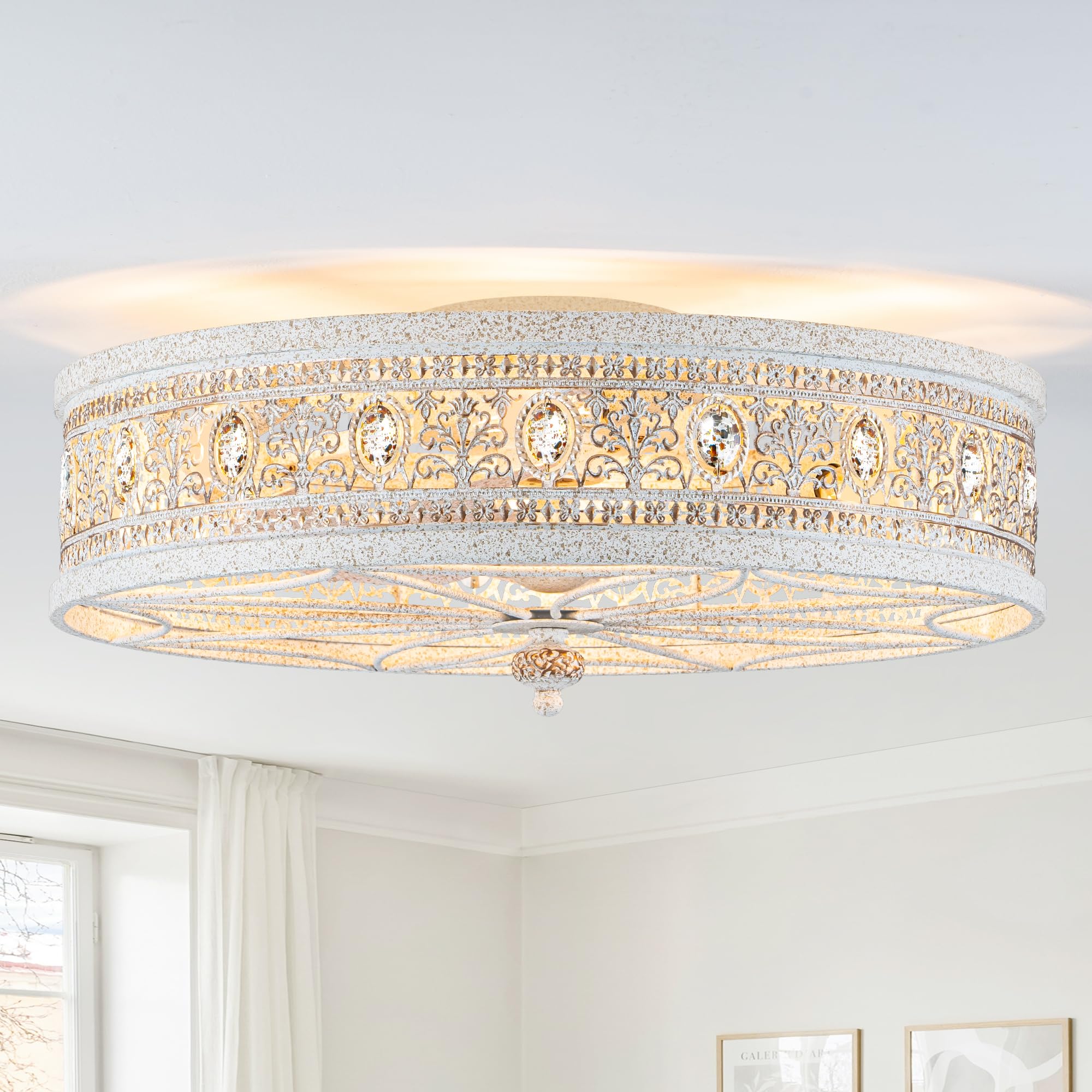 Vivlite French Country Caged Ceiling Fan with Light Low Profile Rustic Flush Mount Light Fixture with Crystal Details Bladeless 