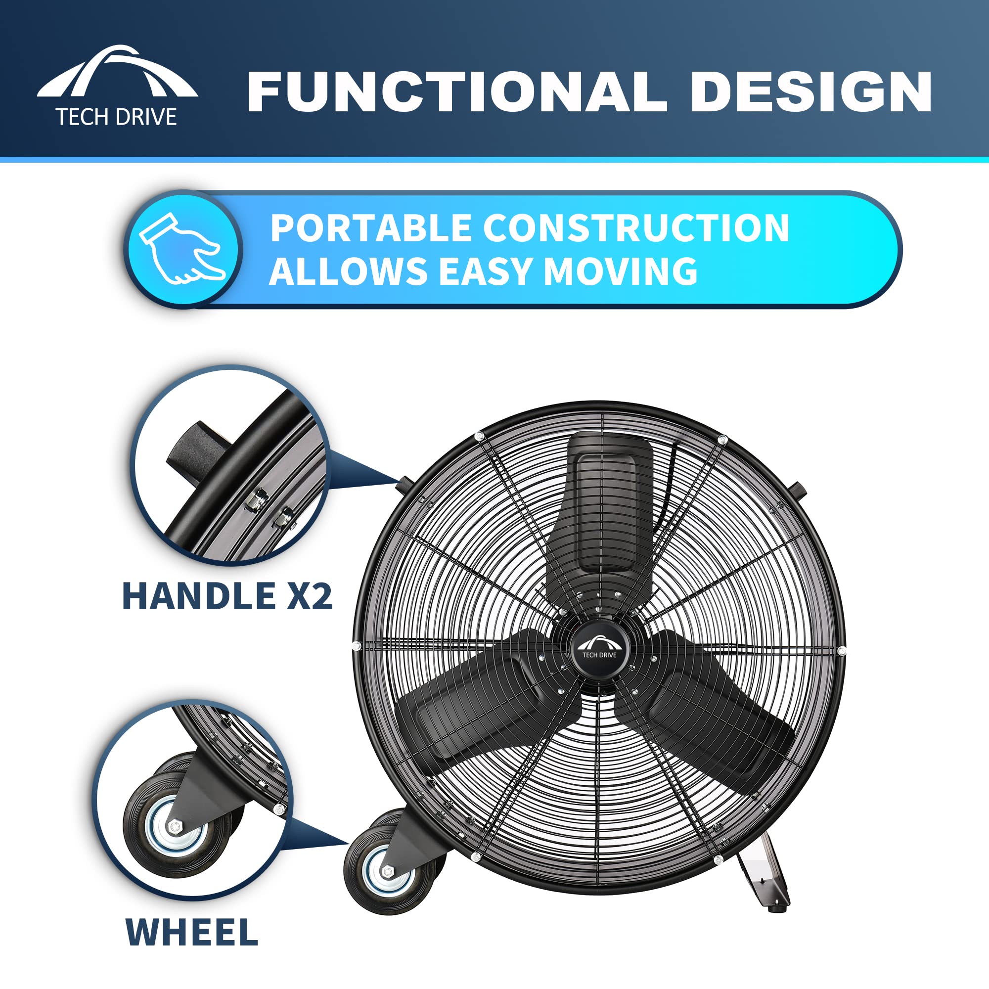 Tech Drive Heavy Duty Metal Industrial Drum Fan, 24 Inch High Velocity Shop Fan, 2 Speed Large Floor Fan For Warehouse, Workshop