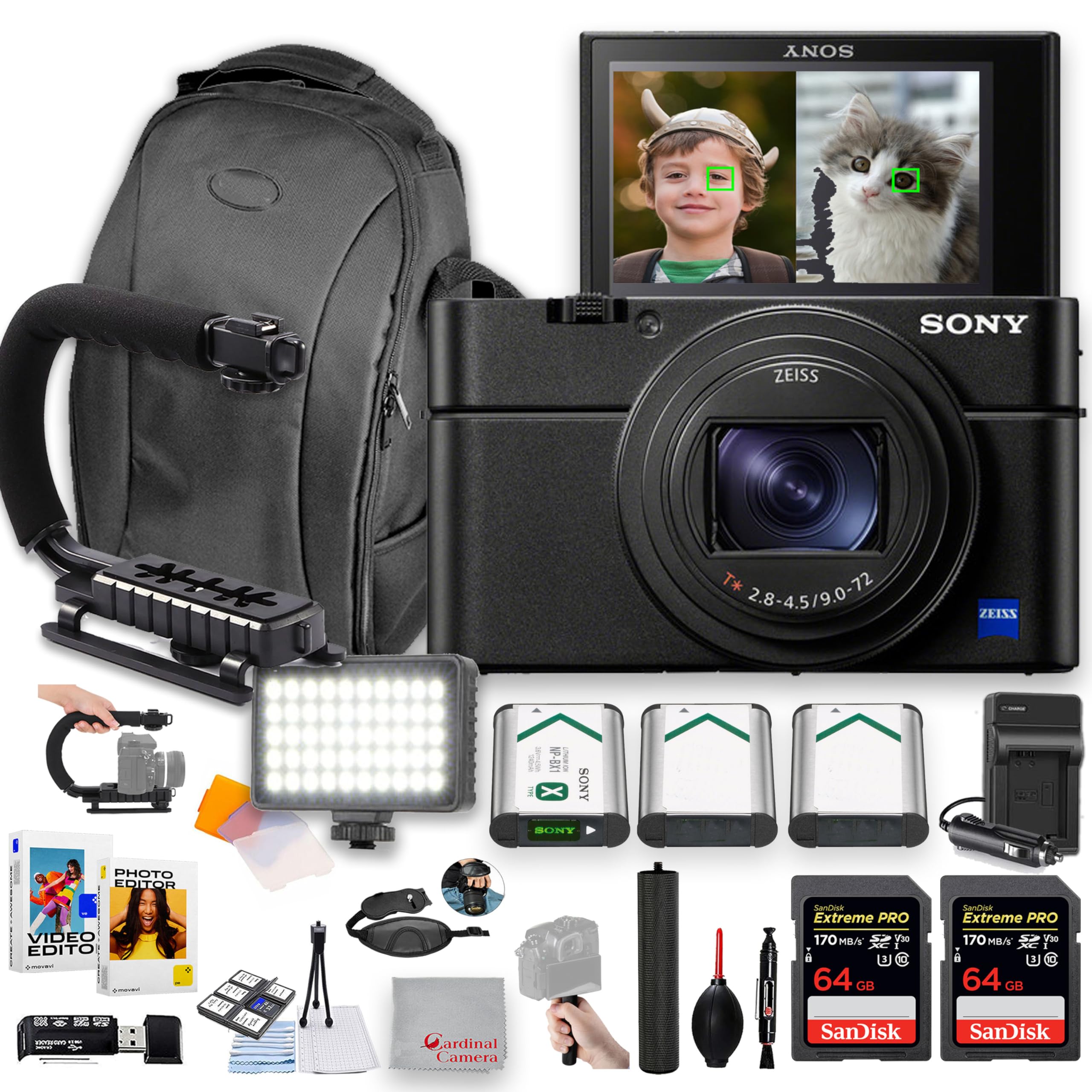 Sony Cyber-Shot DSC-RX100 VII Digital Camera, LED Video Light, 128GB Extreme Speed, U-Grip, Tripod, Case, Software, & More - Pro