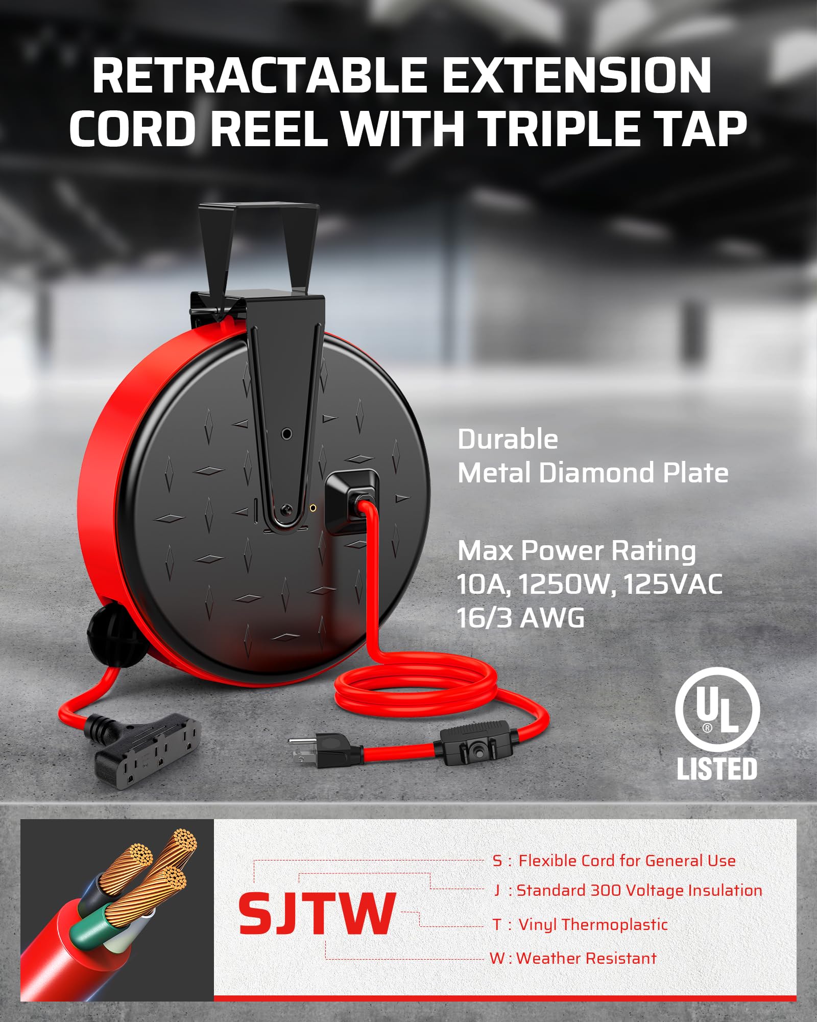 Dewenwils 30Ft Extension Cord Reel, 16/3 Gauge Sjtw Power Cord, Retractable Cord Reel With 3 Outlets, Ceiling/Wall Mount For Gar