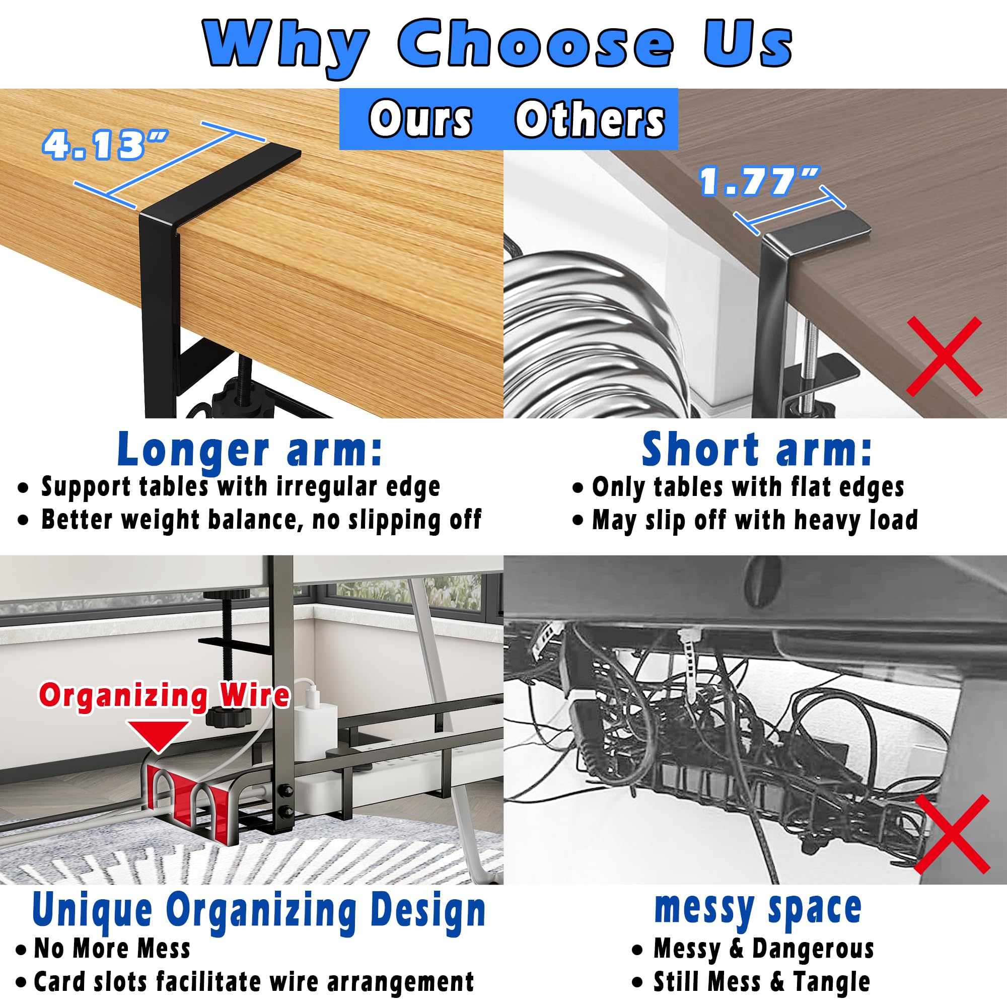 Sleclean Under Desk Cable Management Tray, Upgraded Long Arm Clamp, 16.6''X4.7'' No Drill Steel Desk Cable Organizers, Cable Tra