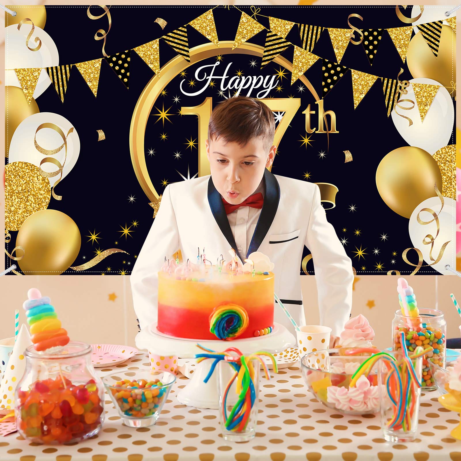 17Th Birthday Party Decoration, Extra Large Fabric Black Gold Sign Poster For 17Th Anniversary Photo Booth Backdrop Background B