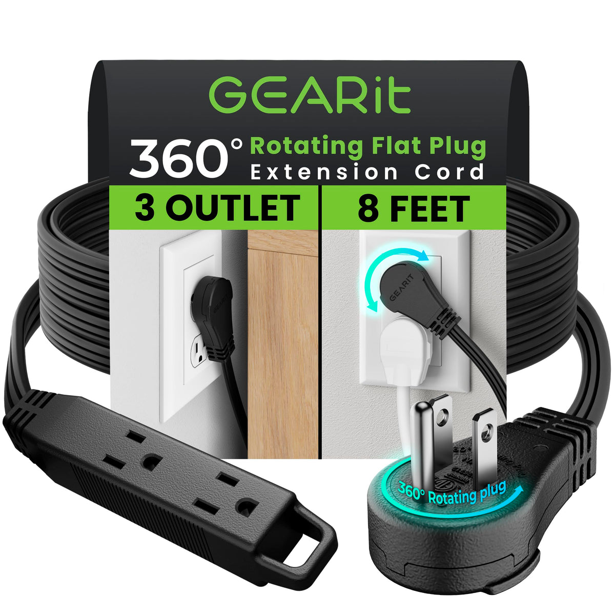 Gearit 360 Rotating Flat Plug Extension Cord (8Ft, Black) Multi 3 Outlet Extension 16 Awg Wire, Adapter For Small Spaces, Right