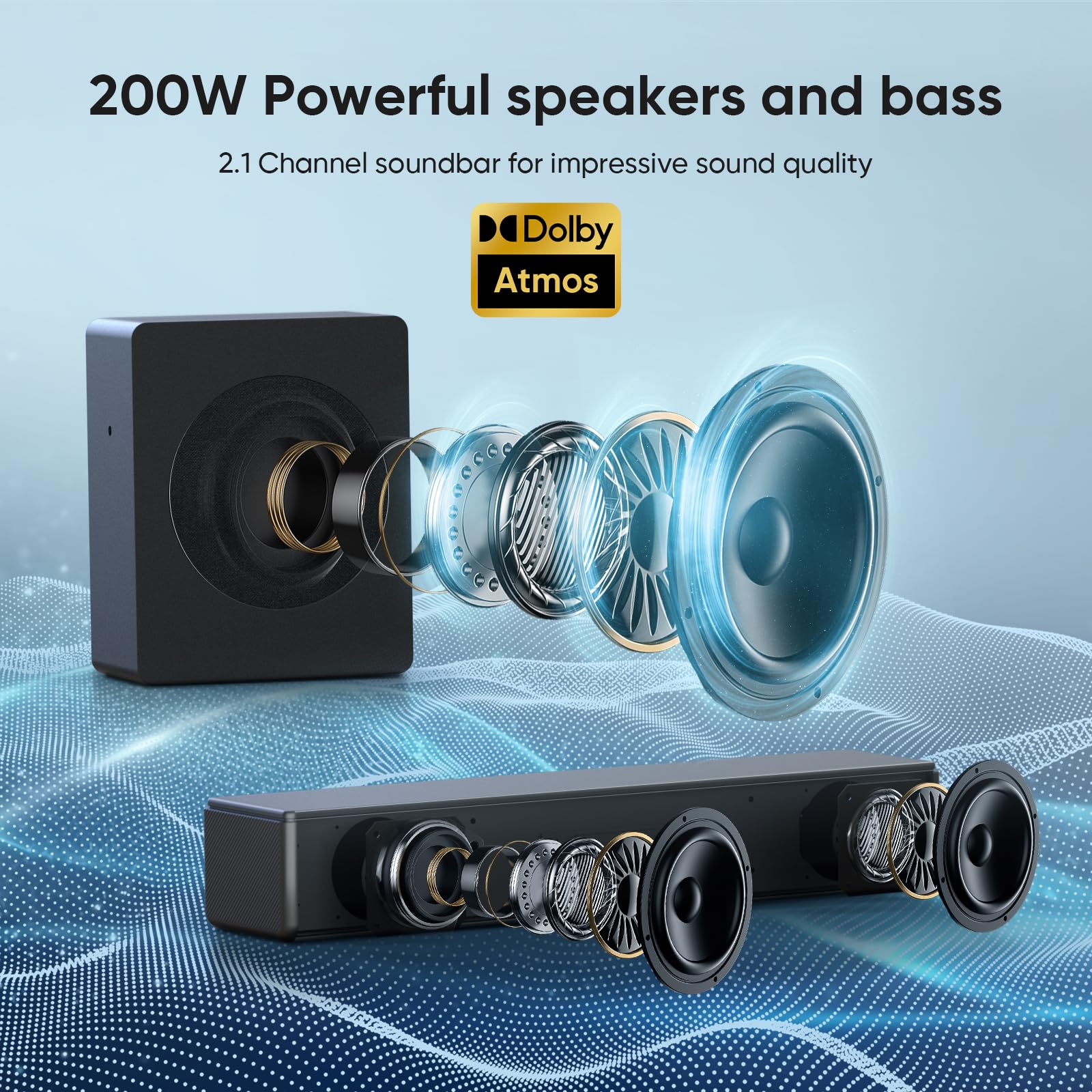 Geoyeao Sound Bar With Subwoofer, 200W 2.1 Ch Soundbar W/Dolby Atmos Surround Sound System, 3D Bass Adjustable Home Theater Blue