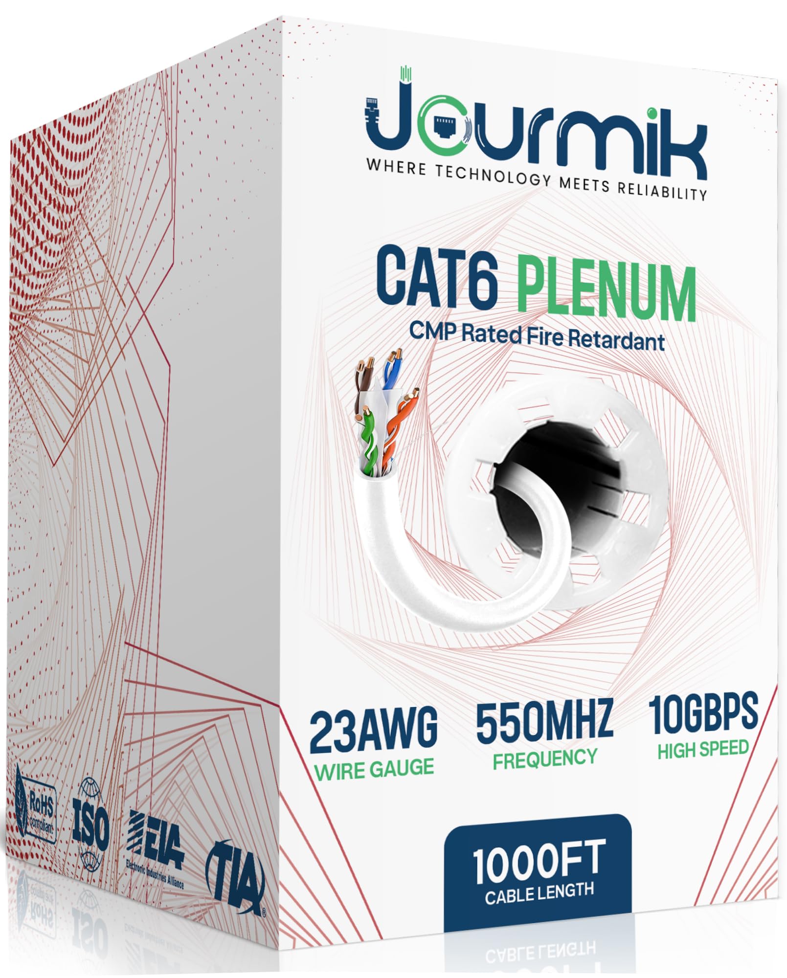 Jourmik | CAT6 Plenum Ethernet Cable 1000ft | CMP Rated Fire Resistance | 23AWG, 550MHz, 10Gbps UTP 4Pairs HighSpeed Network Ca