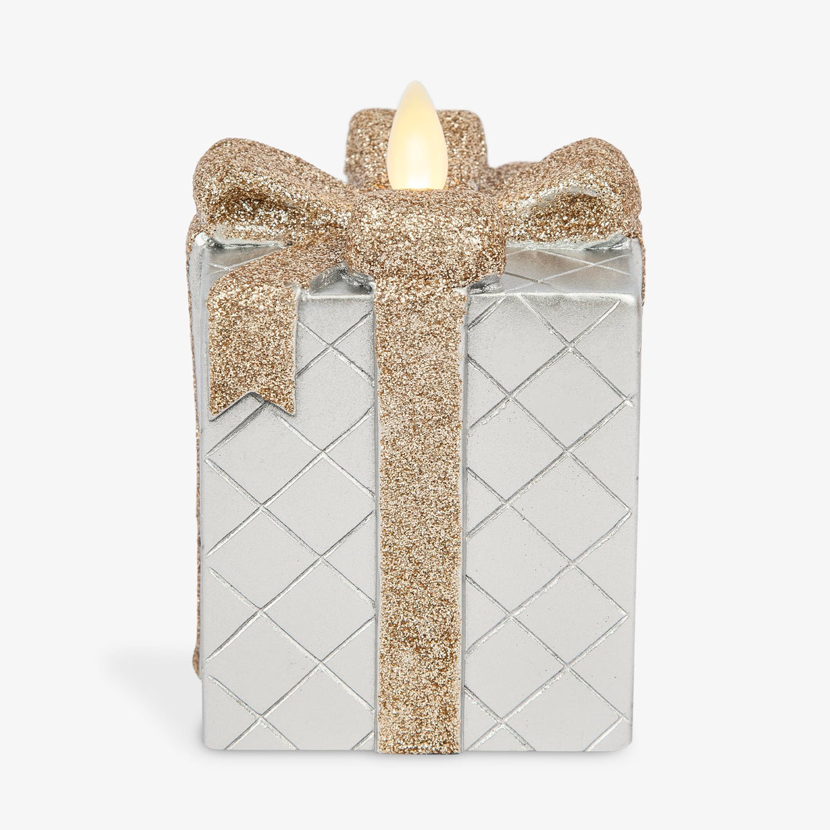 Luminara - Flameless Holiday Led Candle Battery Operated Moving Flame - Silver Gift Box - Pack Of 1-3X4.25 - Glitter Ribbon With
